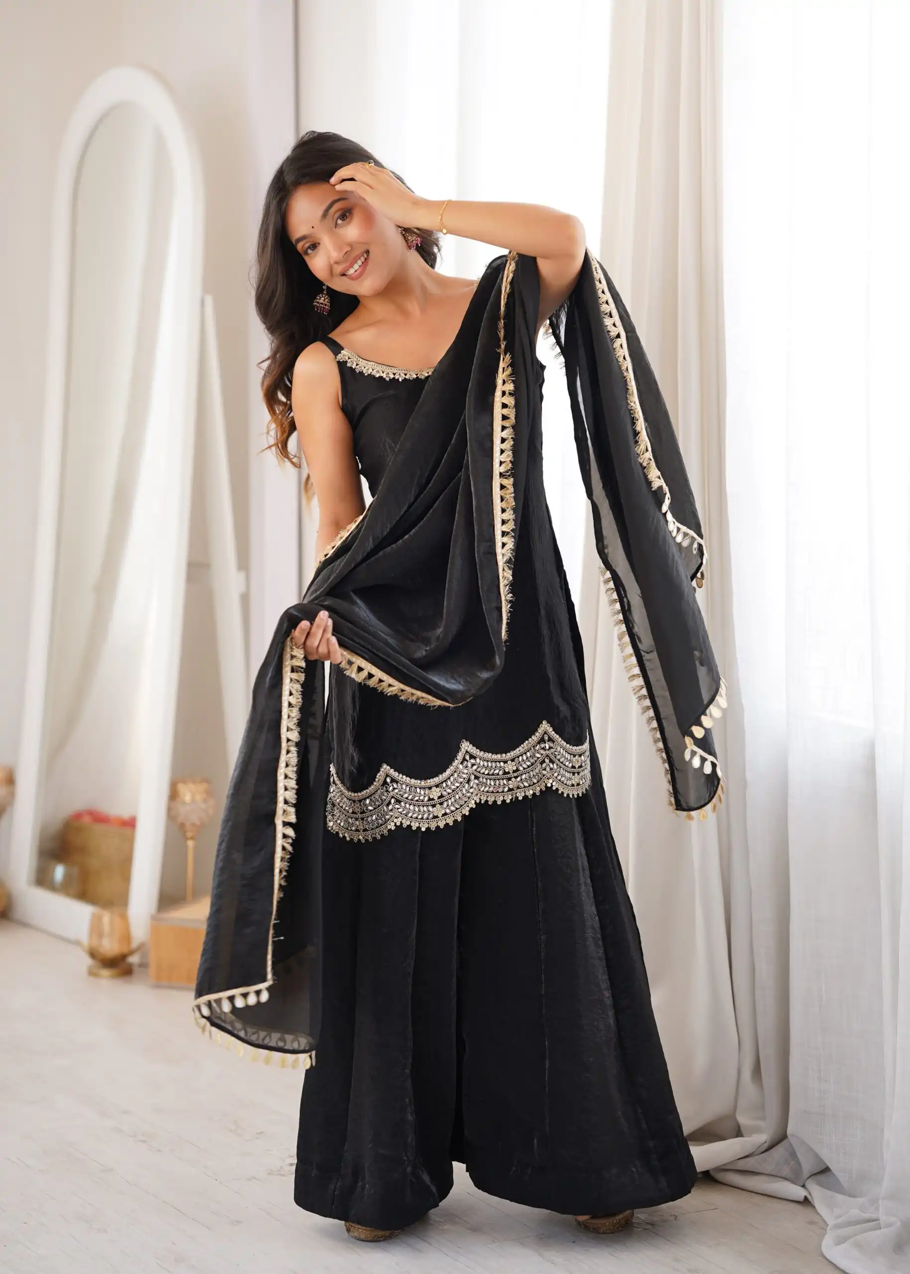 Aglow Black Fendy Silk ⁠Embroidery Mirror Work Salwar Suit - Image 4