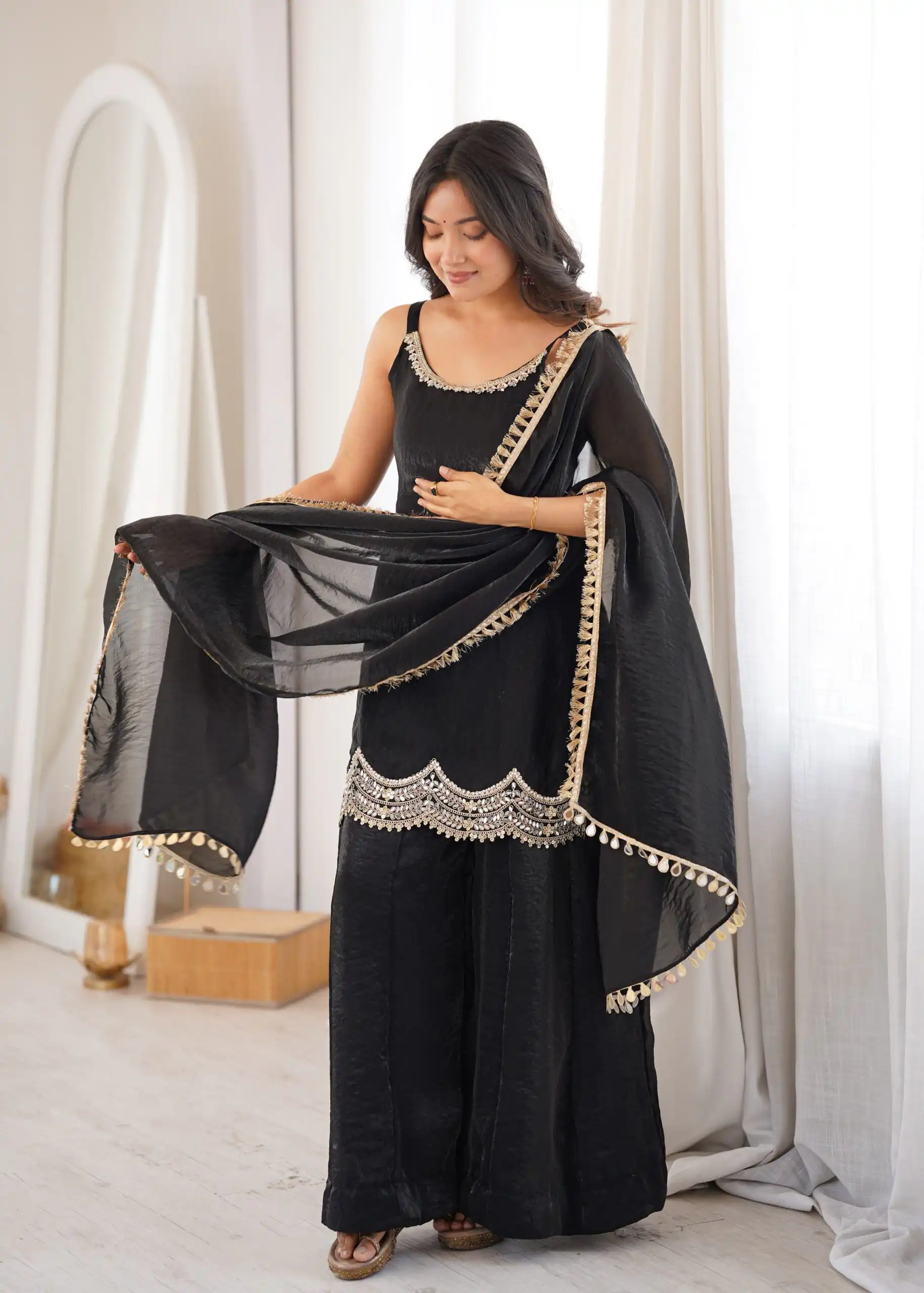 Aglow Black Fendy Silk ⁠Embroidery Mirror Work Salwar Suit - Image 11