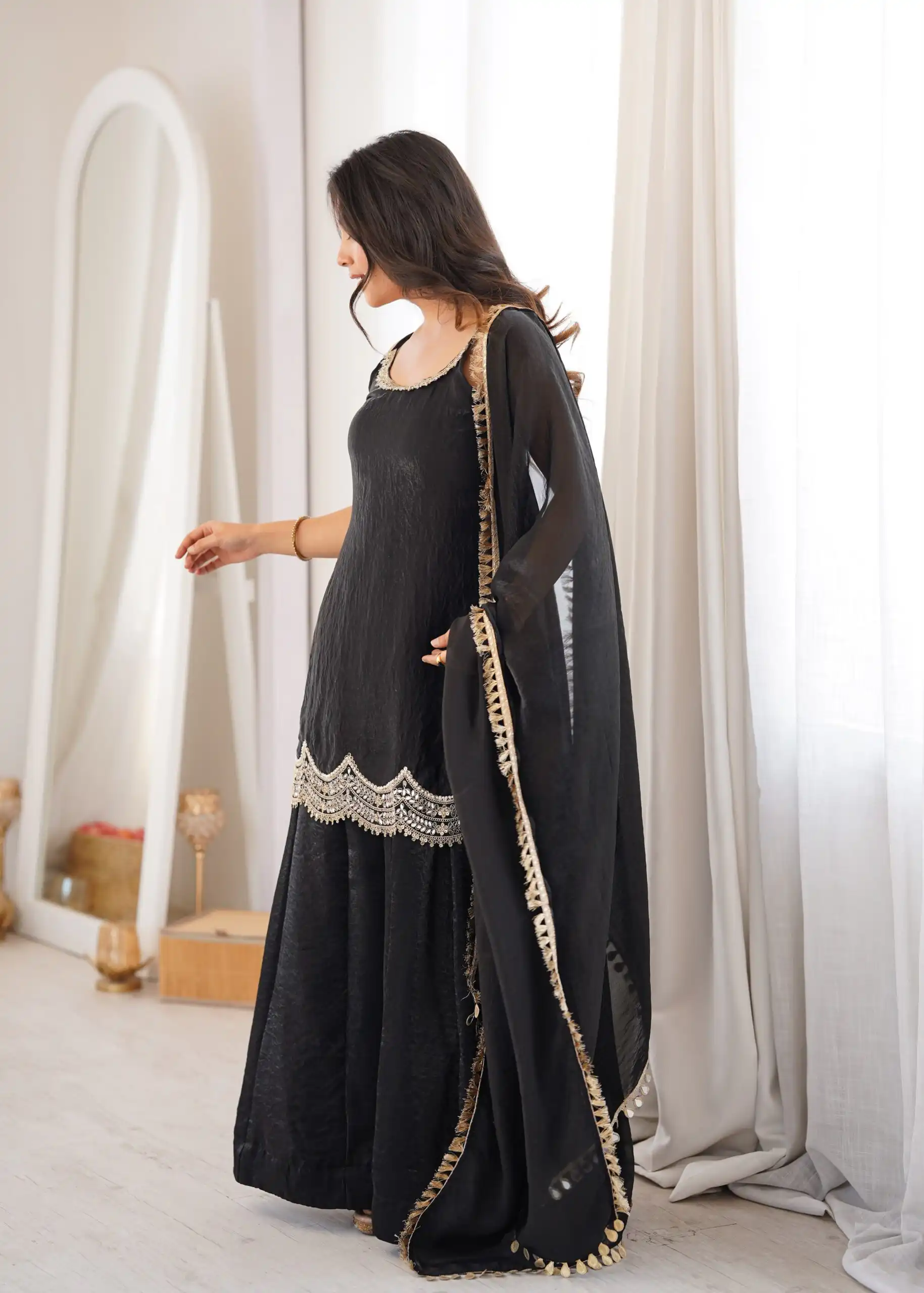 Aglow Black Fendy Silk ⁠Embroidery Mirror Work Salwar Suit - Image 7