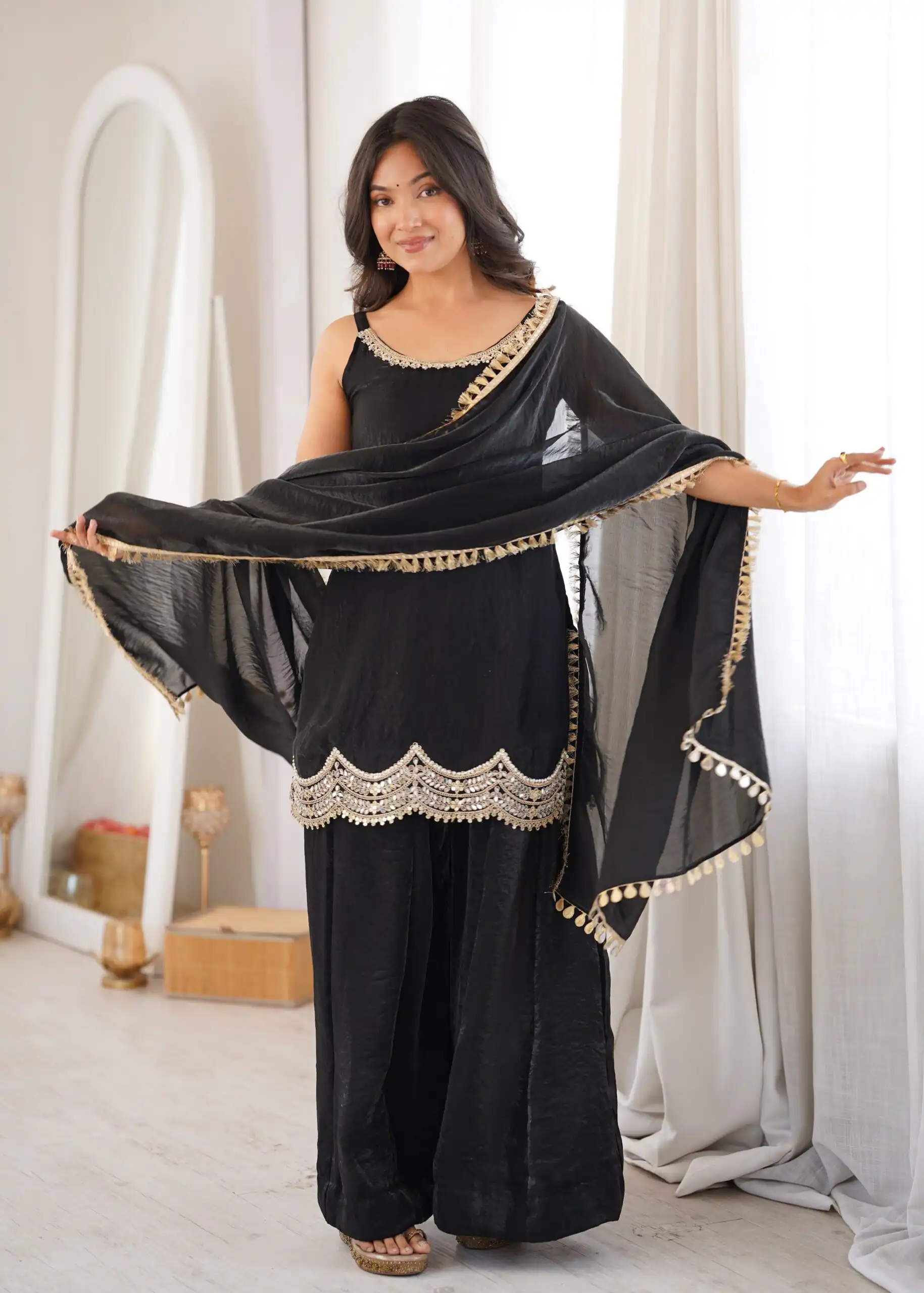 Aglow Black Fendy Silk ⁠Embroidery Mirror Work Salwar Suit