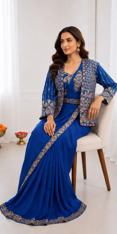 Aglow Blue Crep Silk Embroidery Work Saree