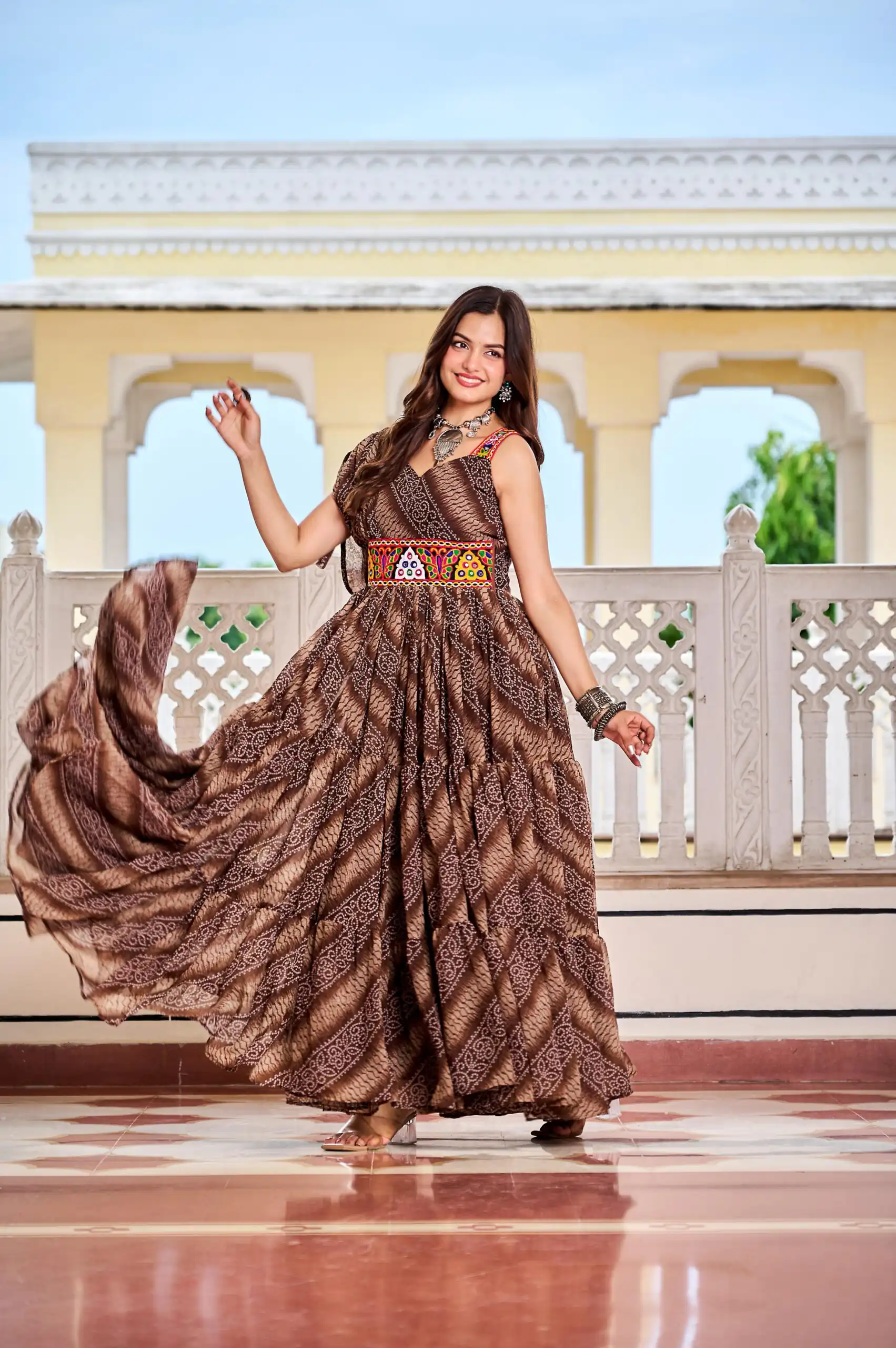 Aglow Brown Faux Georgette Printed Mirror Work Gown - Image 3