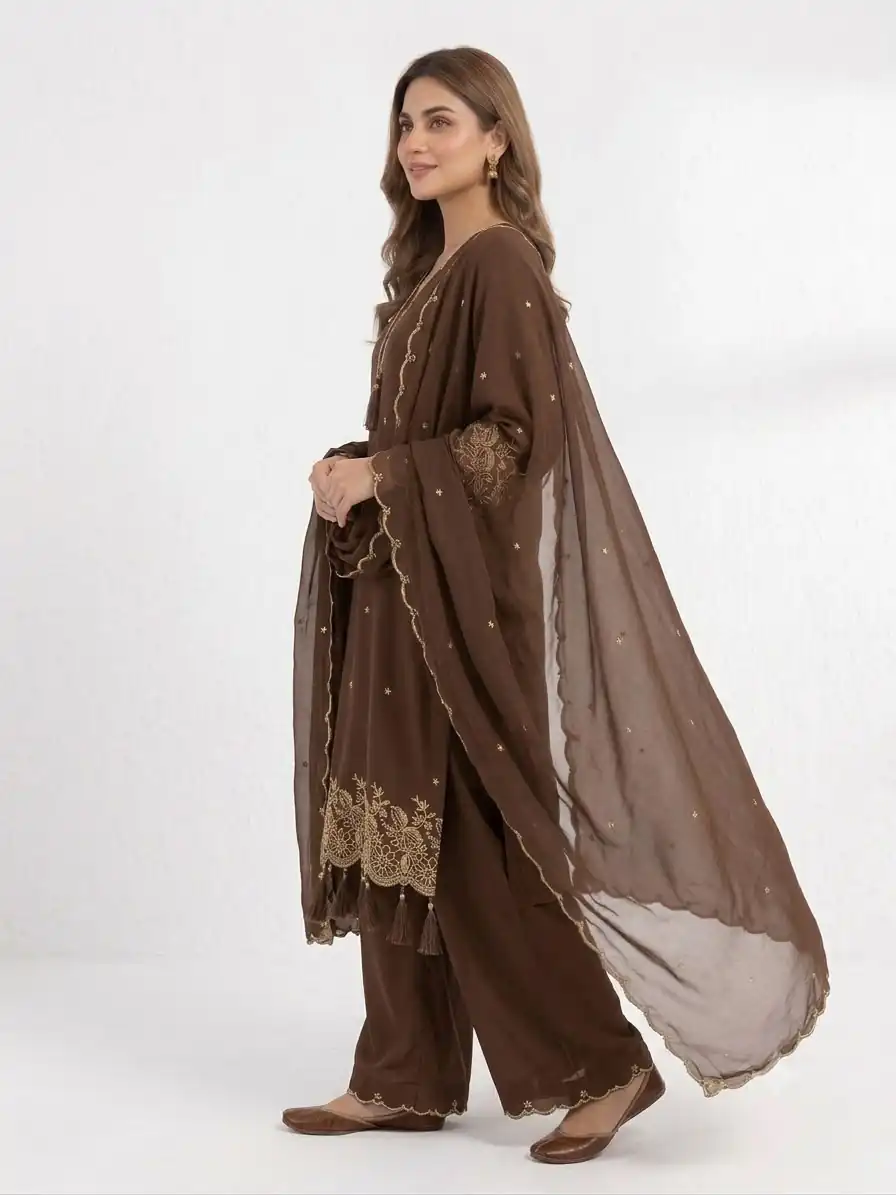 Aglow Brown Rayon Embroidery Lace Work Salwar Suit - Image 3