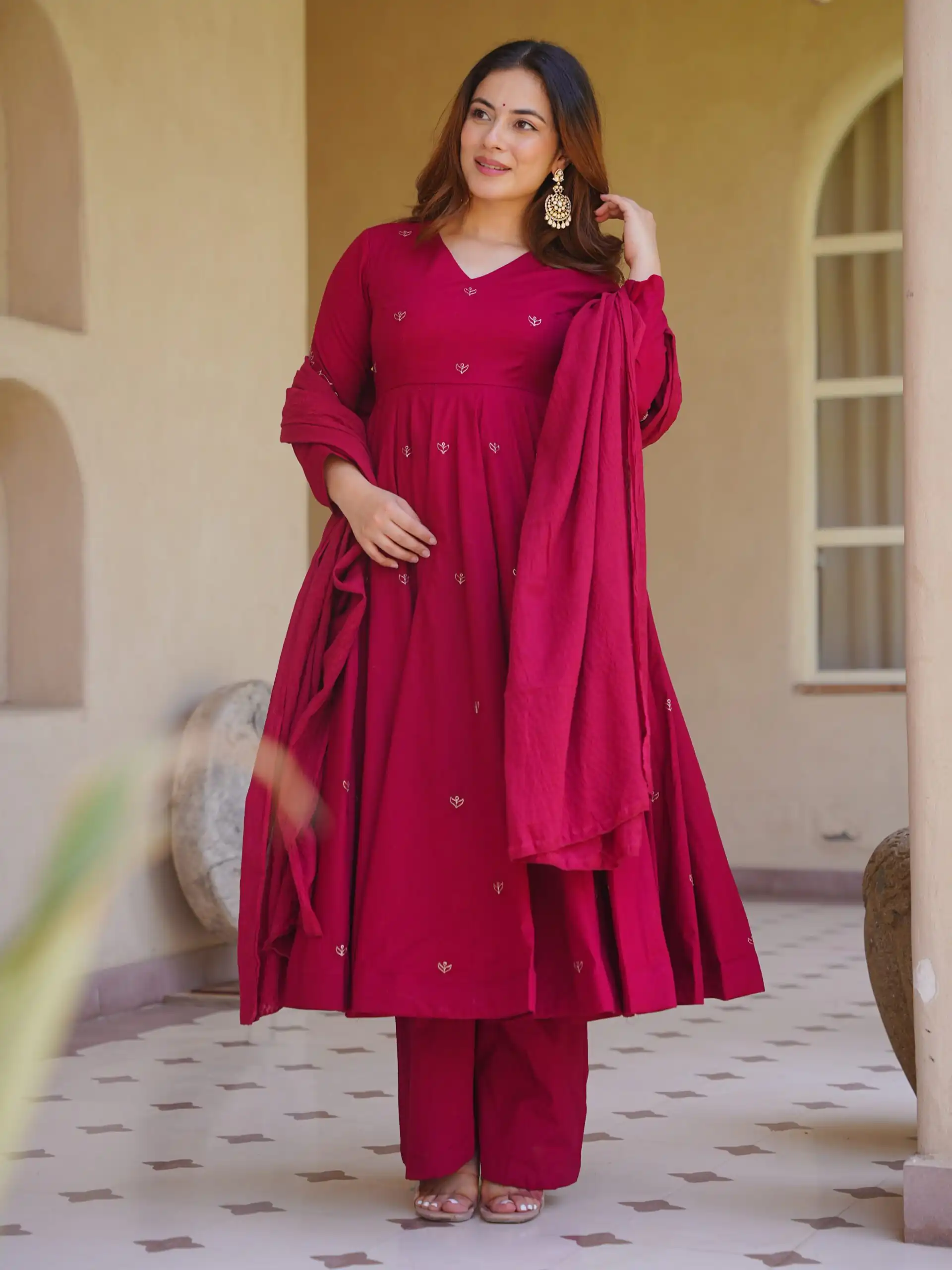 Aglow Pink Roman Silk Embroidery Work Anarkali Suit - Image 5
