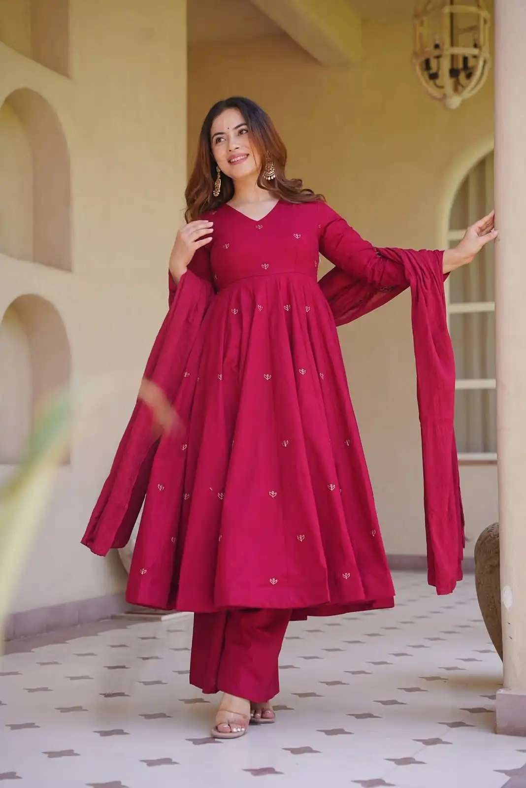 Aglow Pink Roman Silk Embroidery Work Anarkali Suit - Image 4