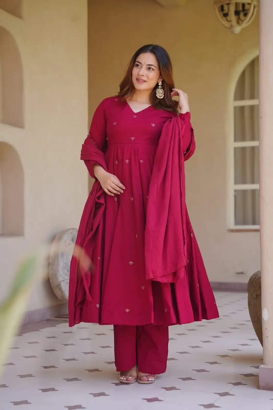 Aglow Pink Roman Silk Embroidery Work Anarkali Suit - Image 2