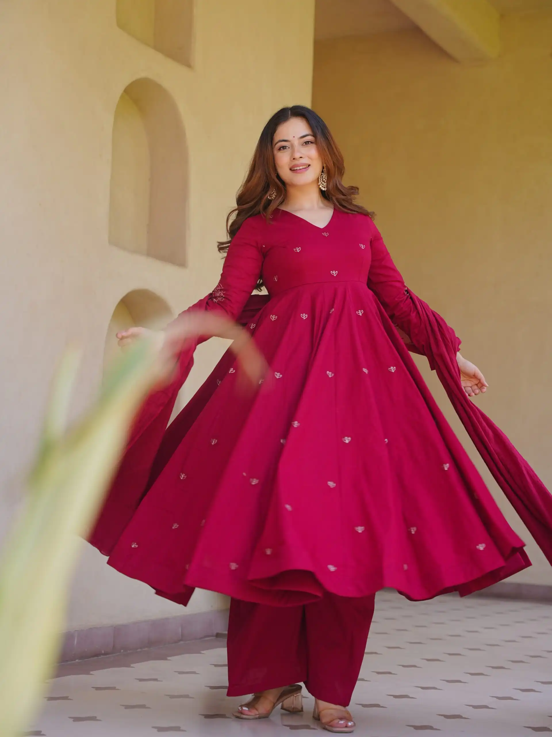 Aglow Pink Roman Silk Embroidery Work Anarkali Suit