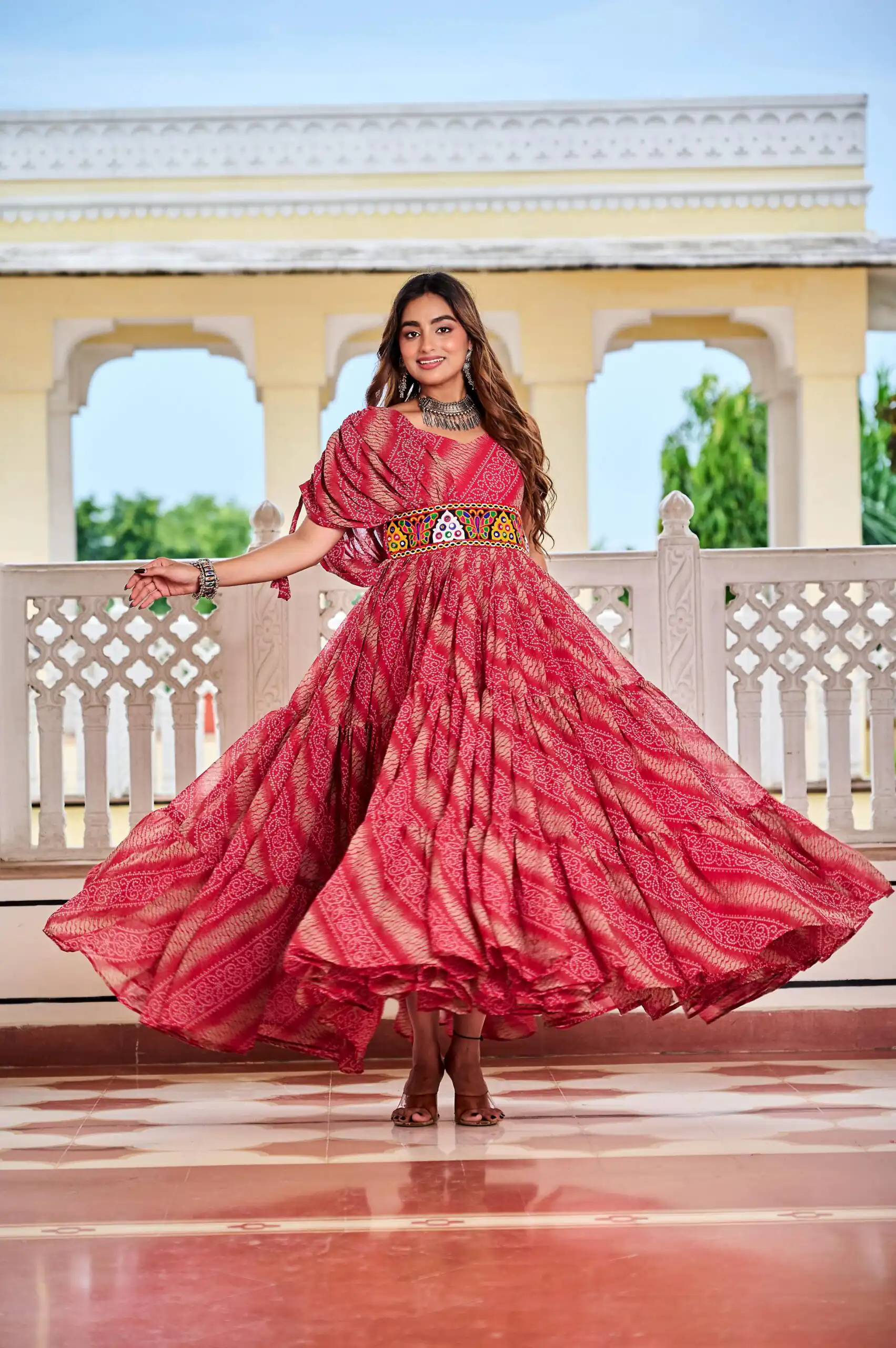Aglow Red Faux Georgette Printed Mirror Work Gown