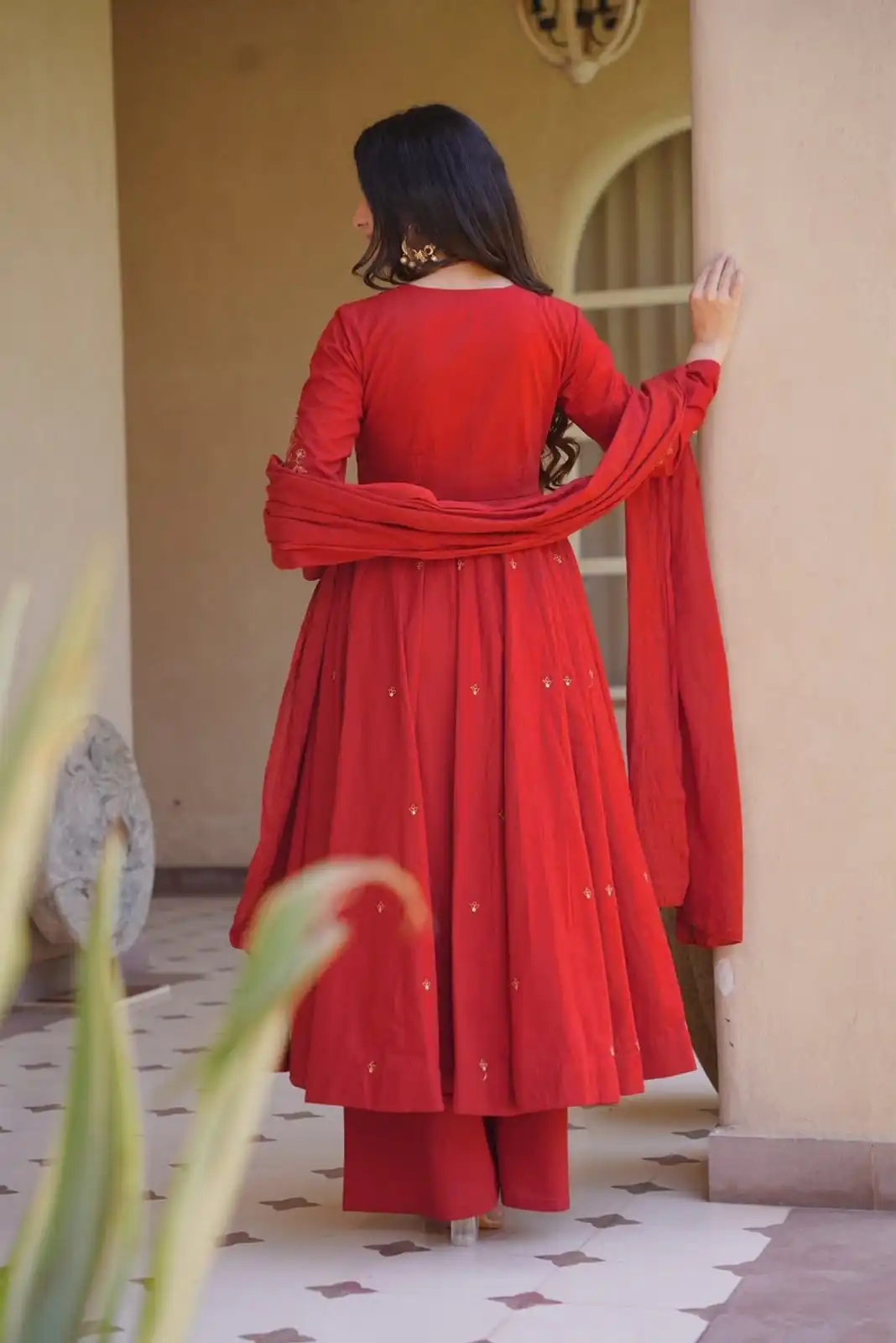 Aglow Red Roman Silk Embroidery Work Anarkali Suit - Image 6