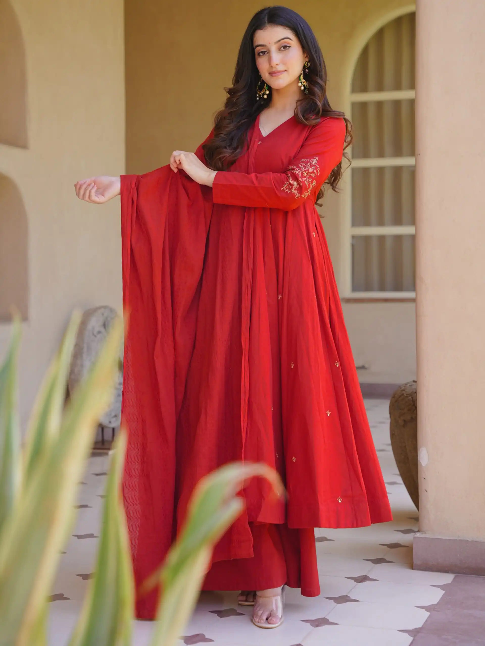 Aglow Red Roman Silk Embroidery Work Anarkali Suit - Image 4