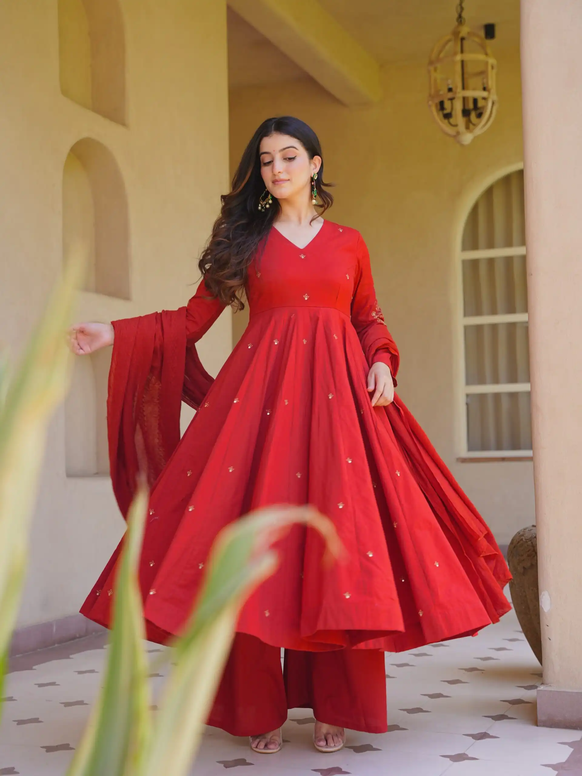 Aglow Red Roman Silk Embroidery Work Anarkali Suit