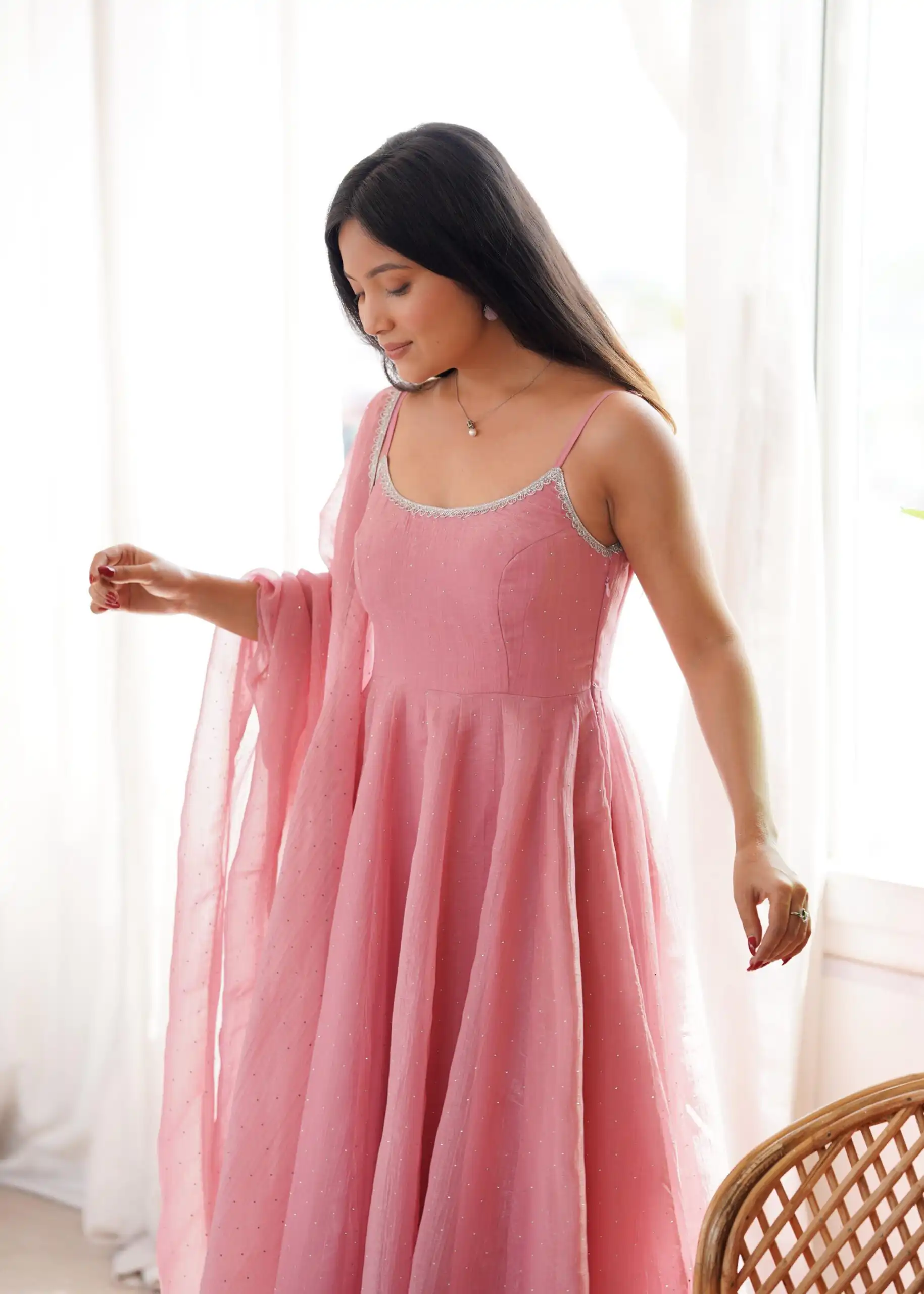 Alluring Pink Crunchy Silk Piroshki Work Anarkali Suit - Image 6