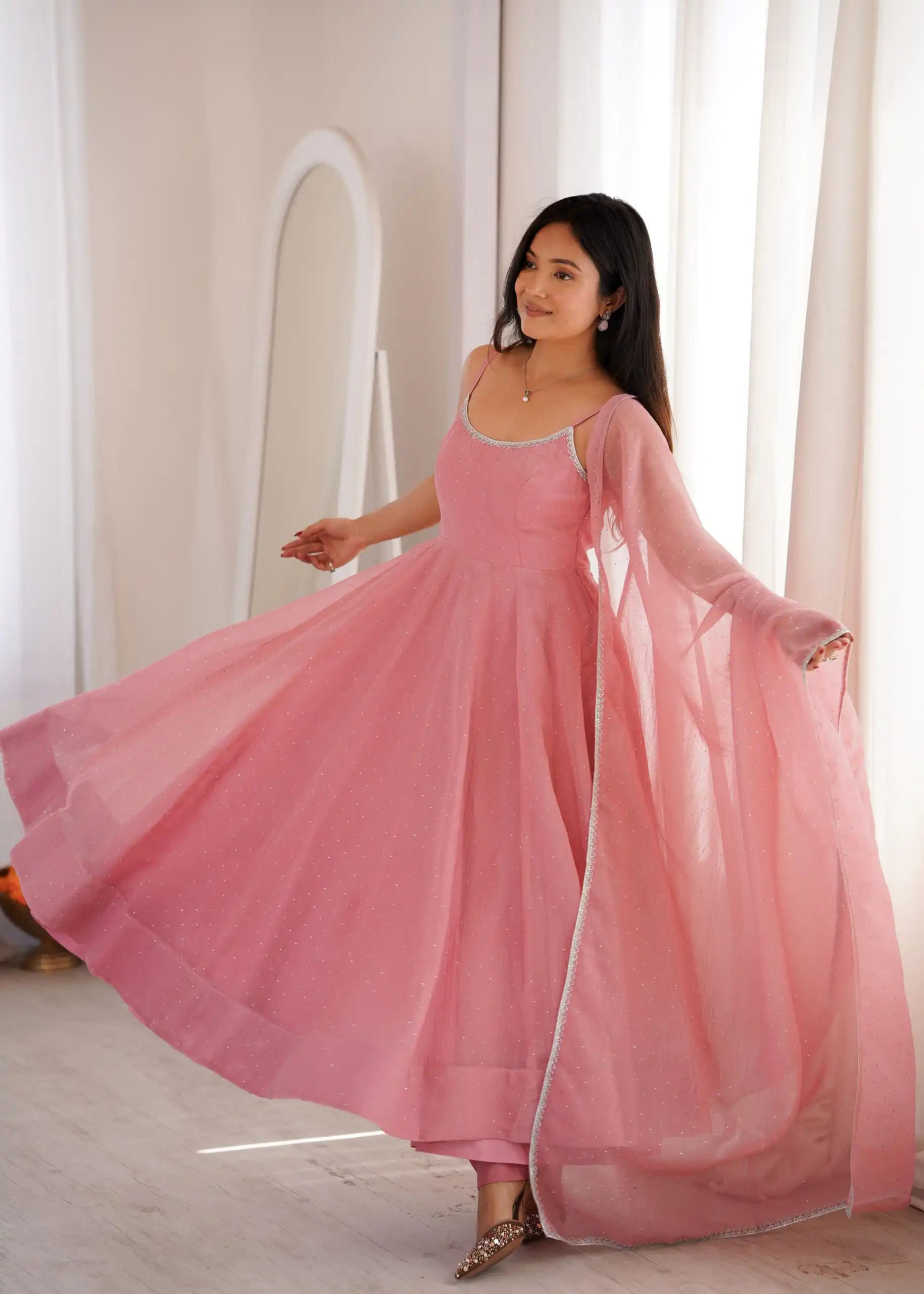 Alluring Pink Crunchy Silk Piroshki Work Anarkali Suit - Image 4