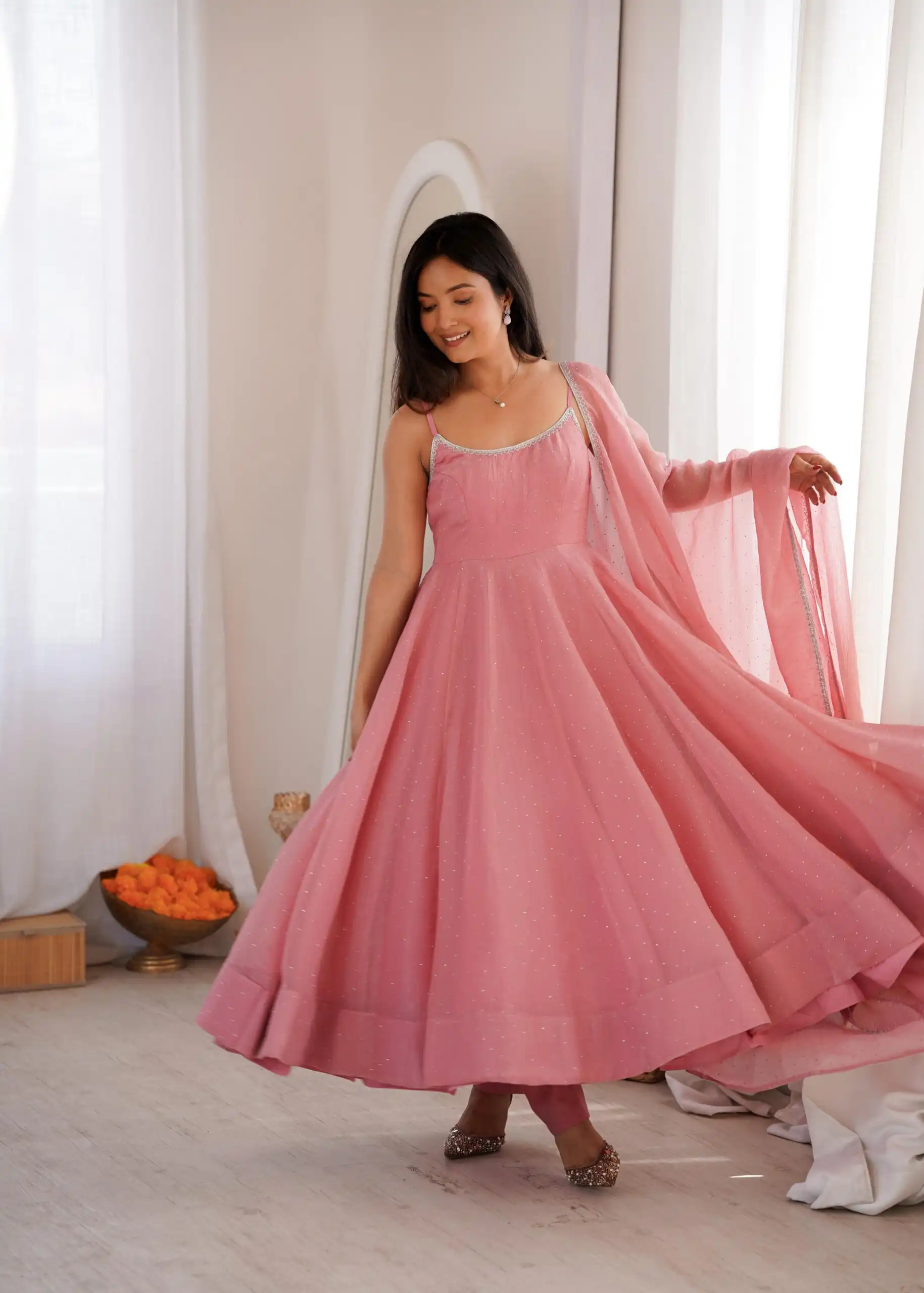 Alluring Pink Crunchy Silk Piroshki Work Anarkali Suit