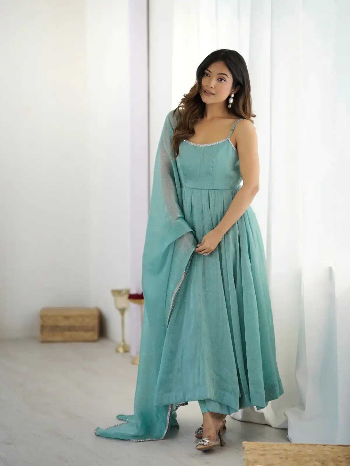 Alluring Sky Blue Crunchy Silk Piroshki Work Anarkali Suit - Image 5