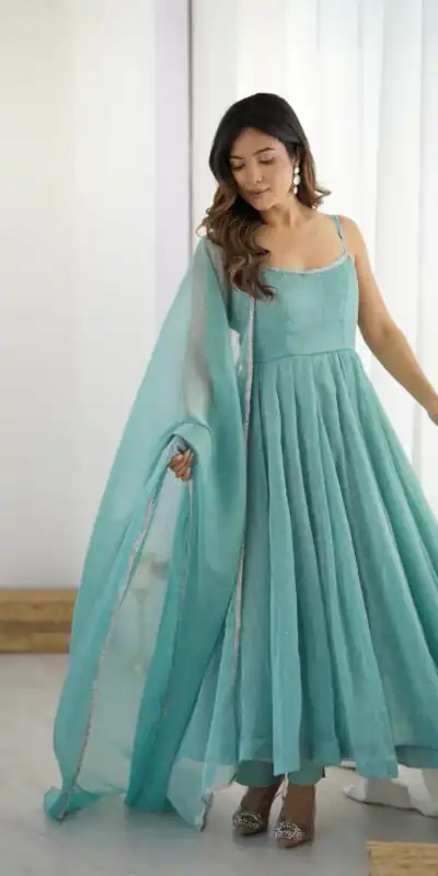 Alternative view of Alluring Sky Blue Crunchy Silk Piroshki Work Anarkali Suit