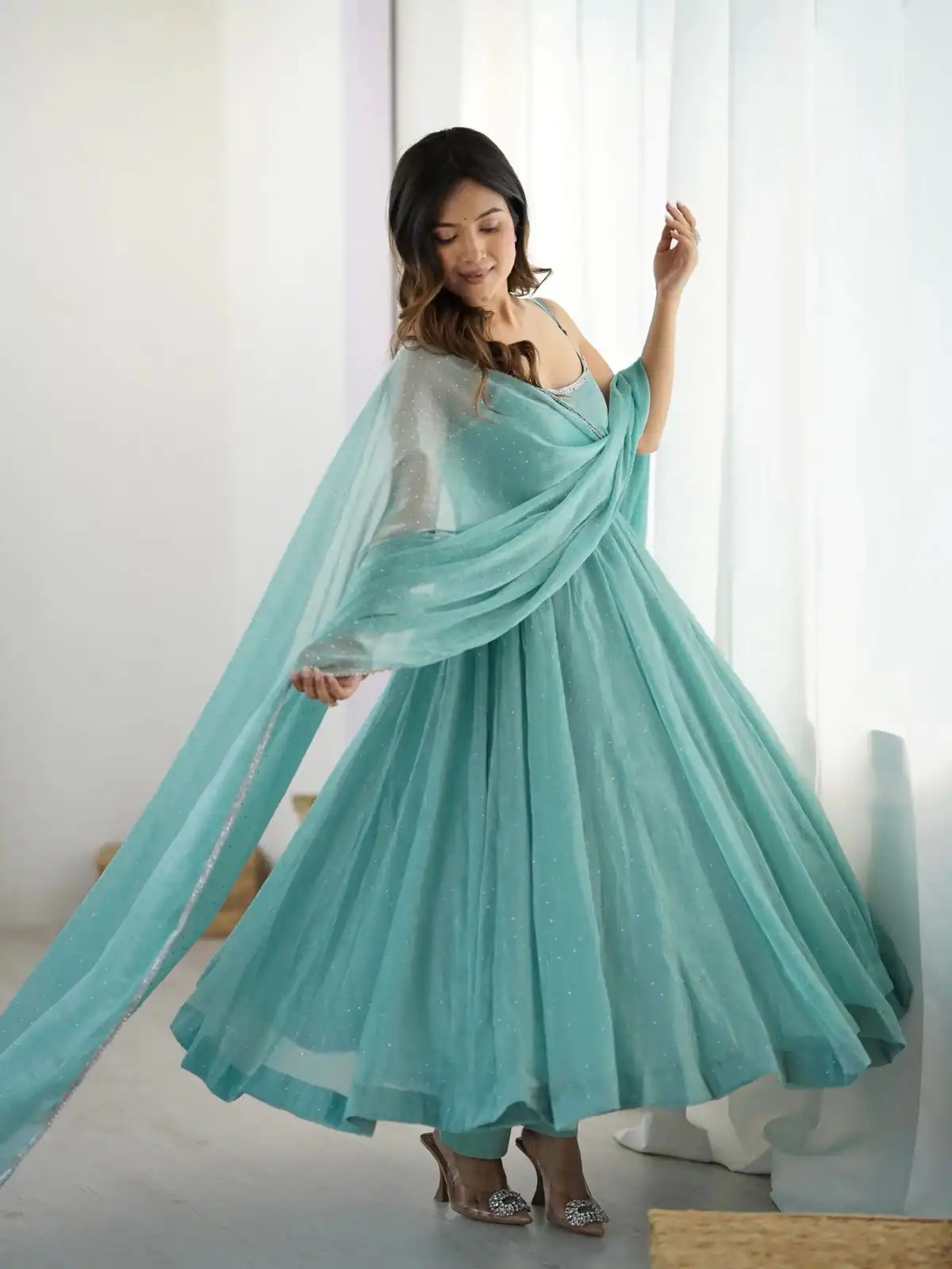Alluring Sky Blue Crunchy Silk Piroshki Work Anarkali Suit