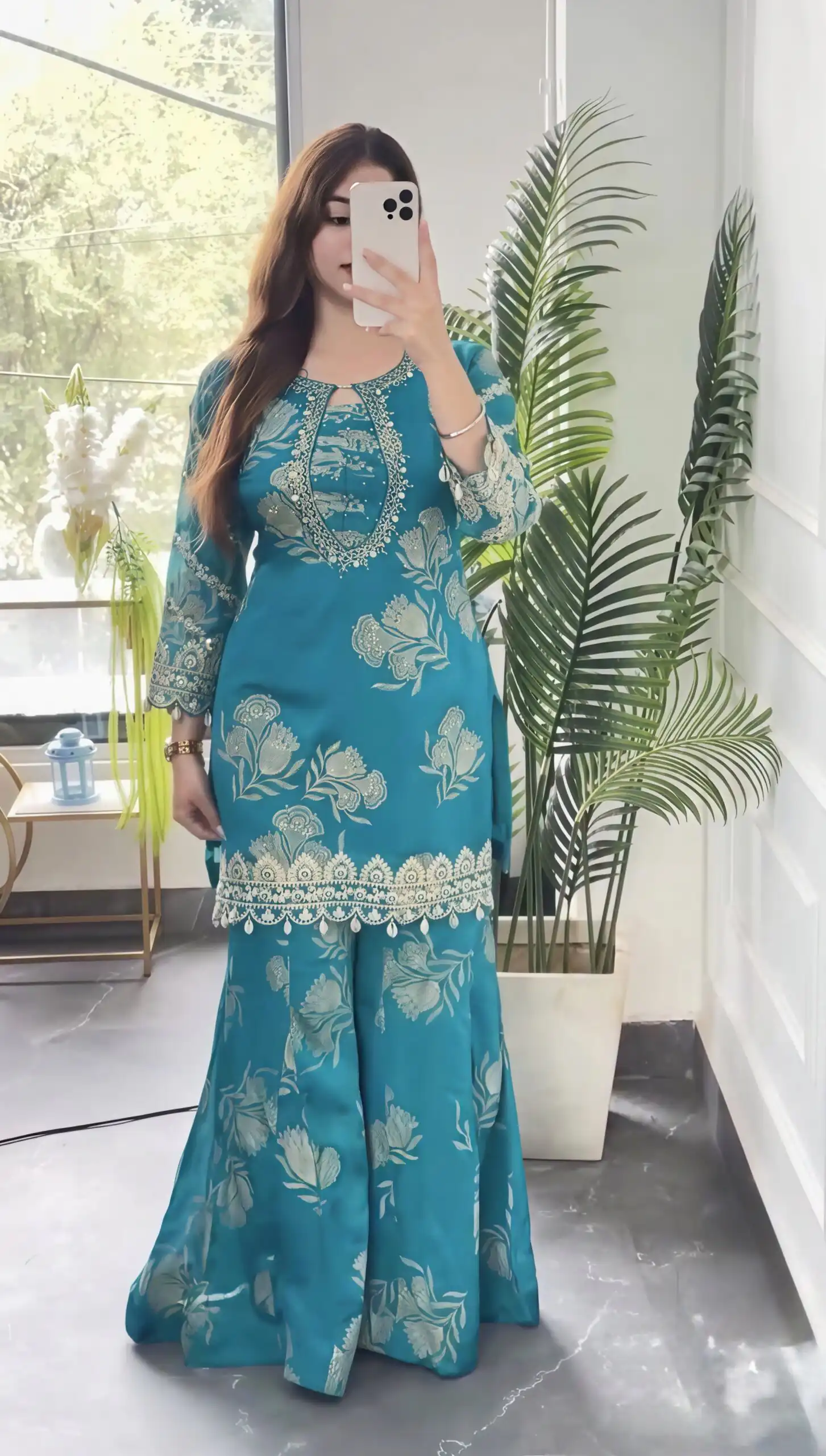 Beautiful Sky Blue Faux Georgette Sequins Salwar Suit - Image 4