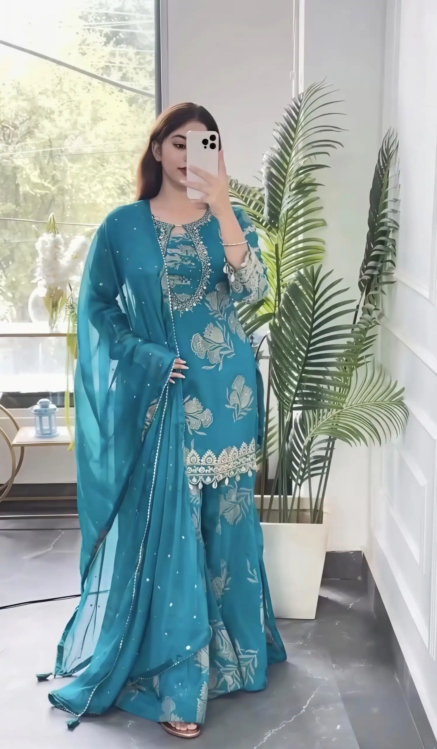 Beautiful Sky Blue Faux Georgette Sequins Salwar Suit - Image 2