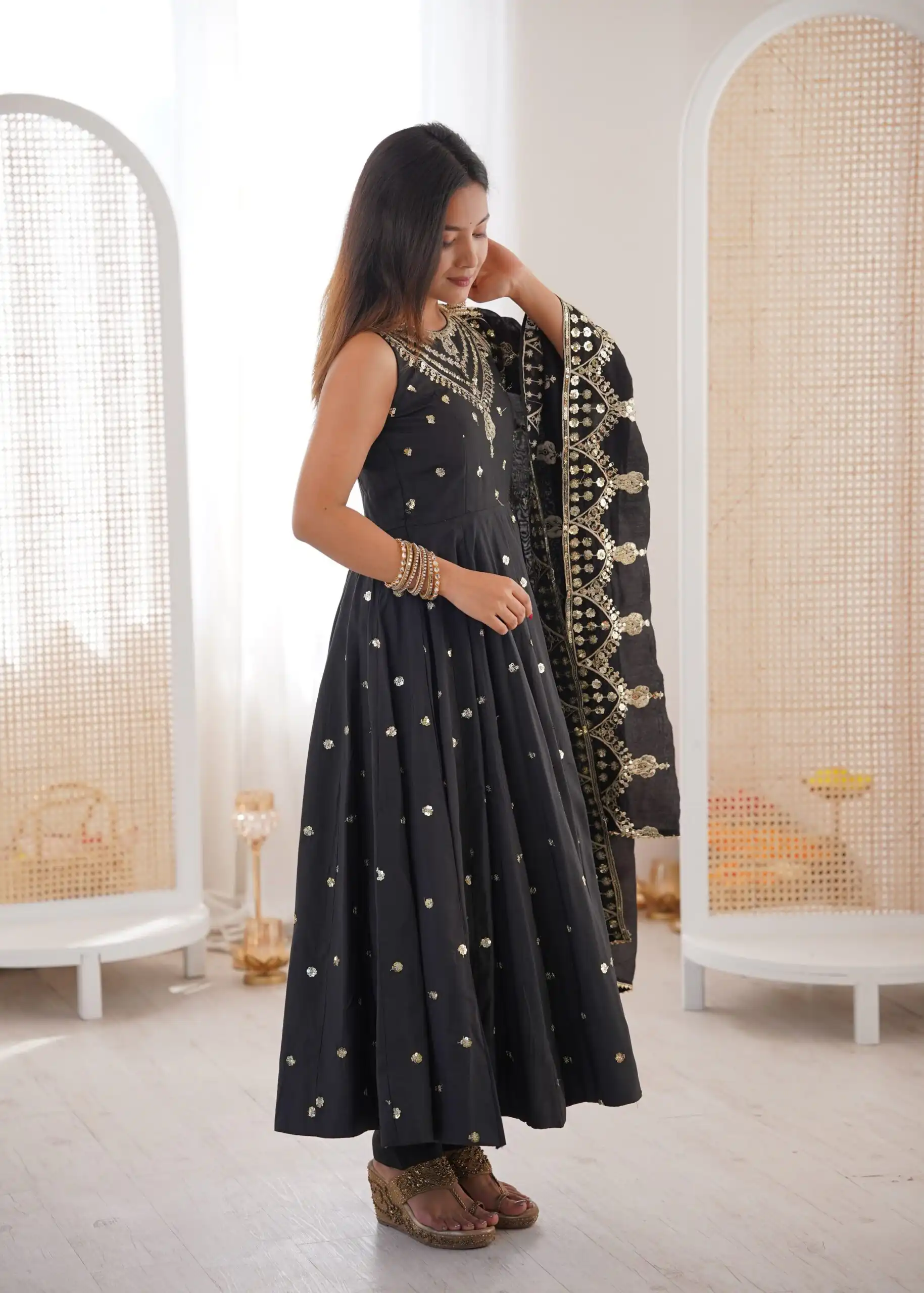 Elegant Black Roman Silk Embroidery Work Gown - Image 4
