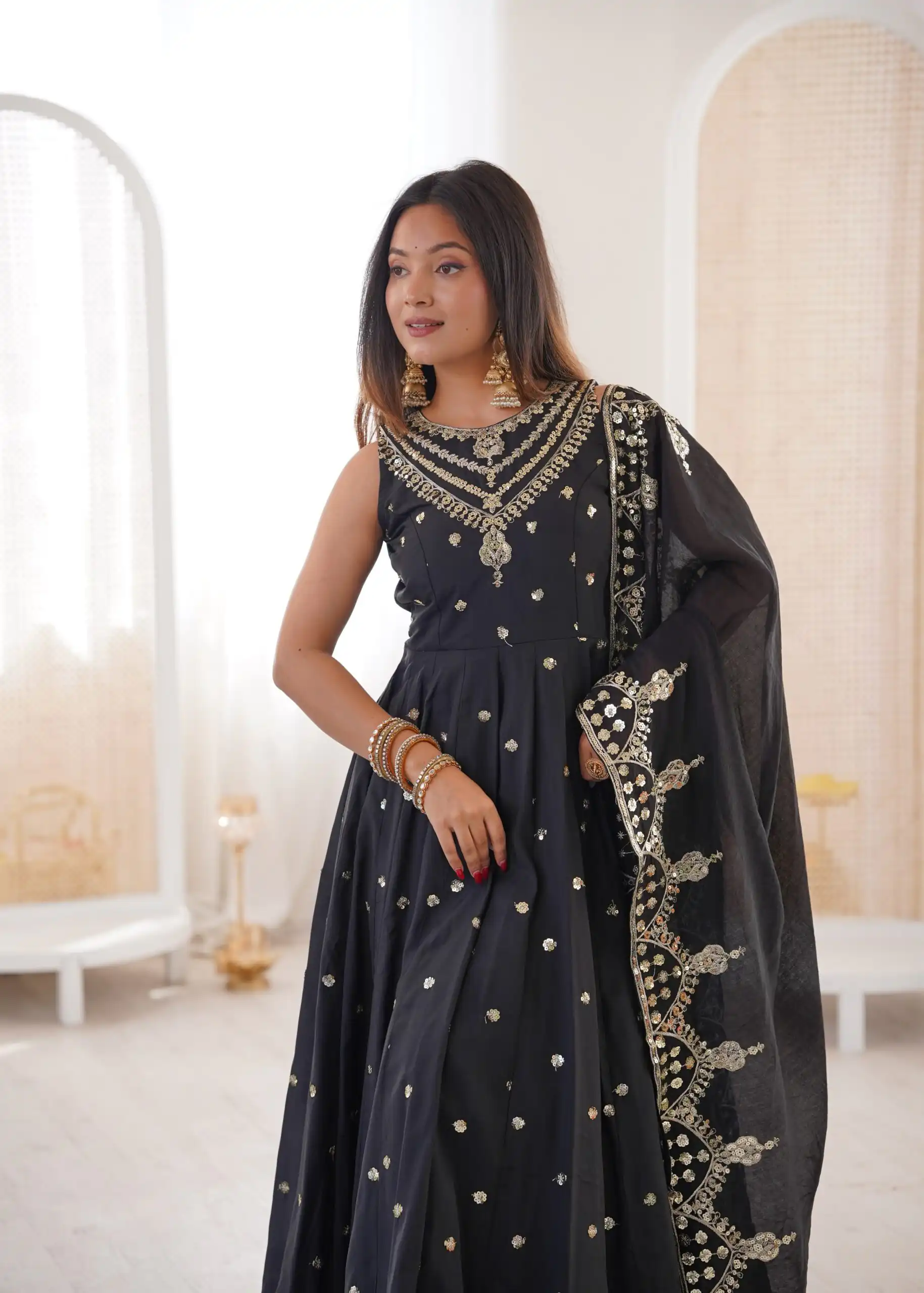 Elegant Black Roman Silk Embroidery Work Gown