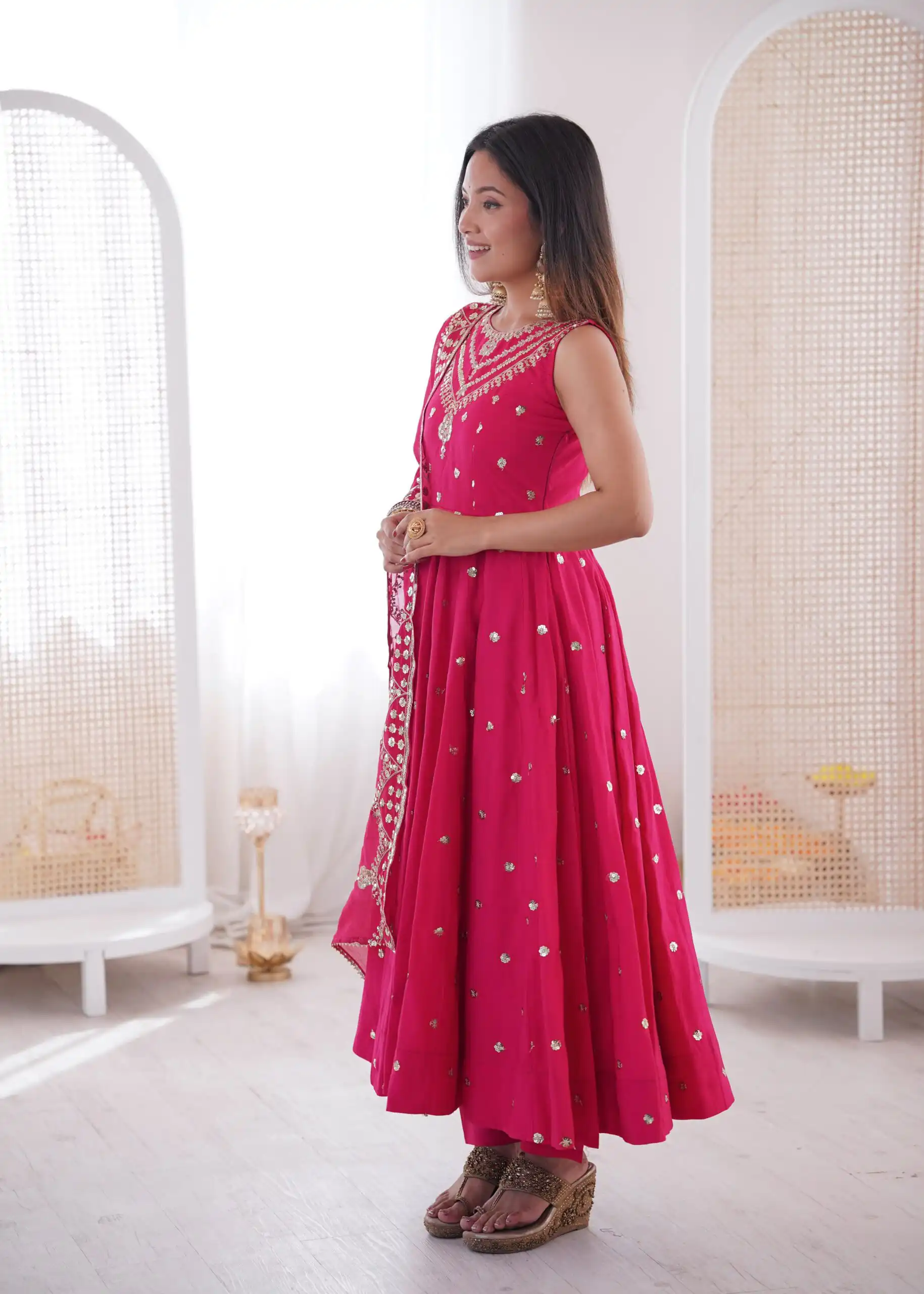 Elegant Rani Pink Roman Silk Embroidery Work Gown - Image 3
