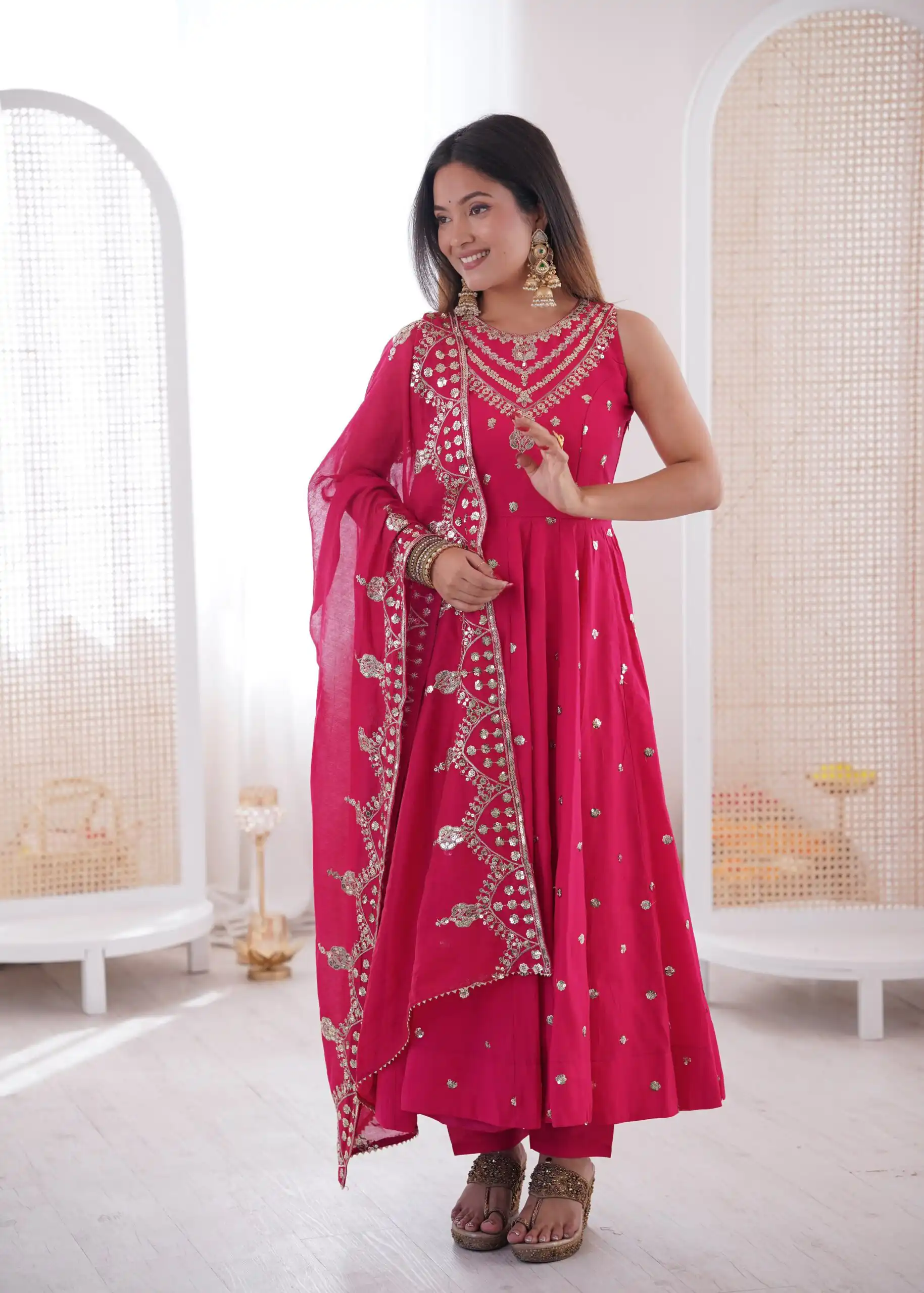 Elegant Rani Pink Roman Silk Embroidery Work Gown