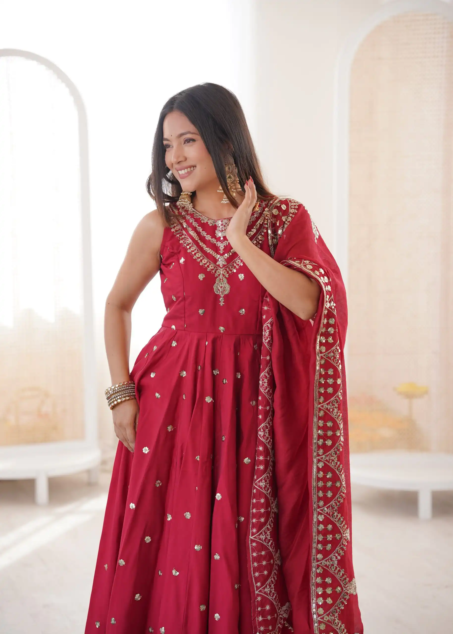 Elegant Red Roman Silk Embroidery Work Gown - Image 2
