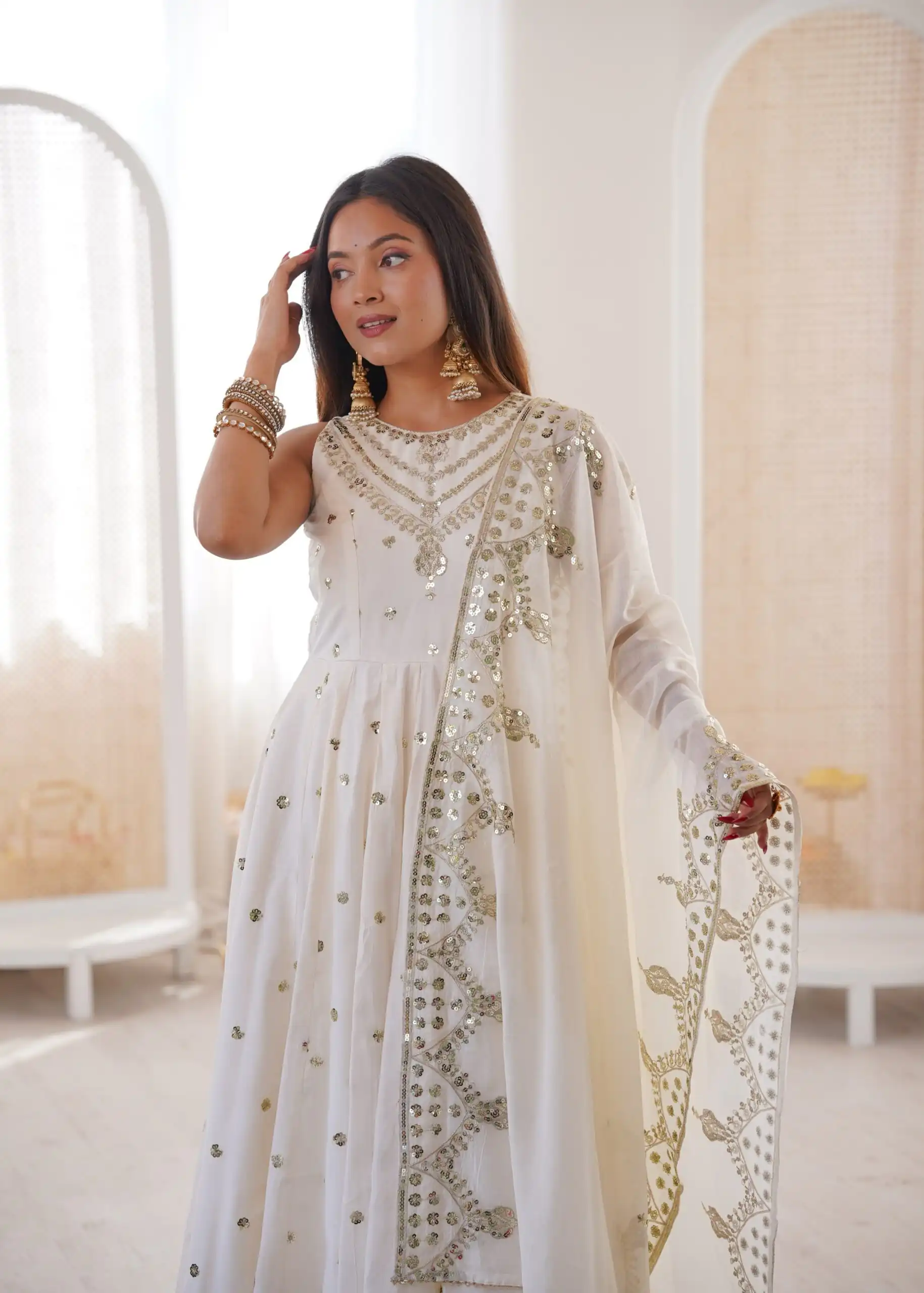 Elegant White Roman Silk Embroidery Work Gown