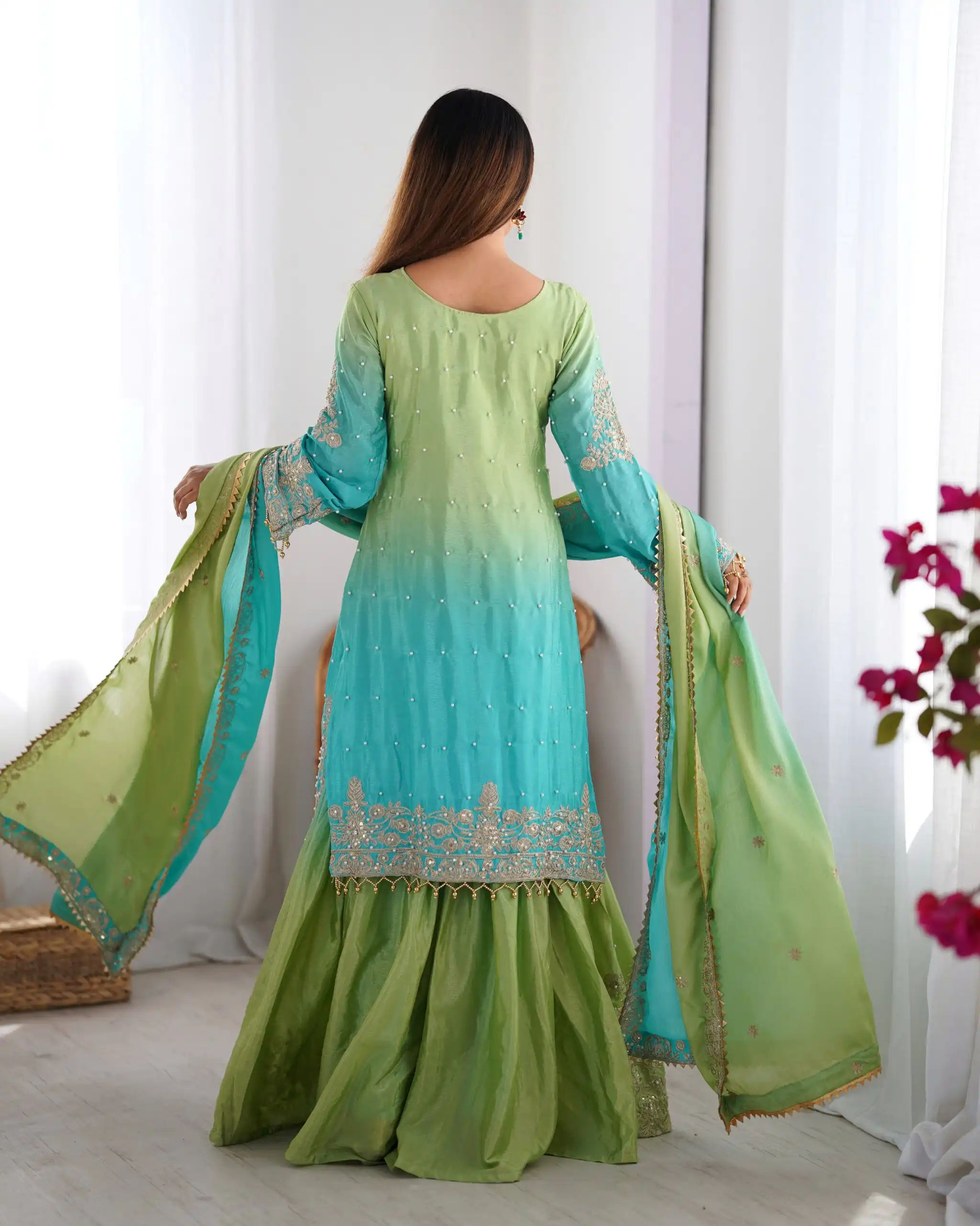 Fancy Green Chinon Silk Sequence Work Salwar Suit - Image 3