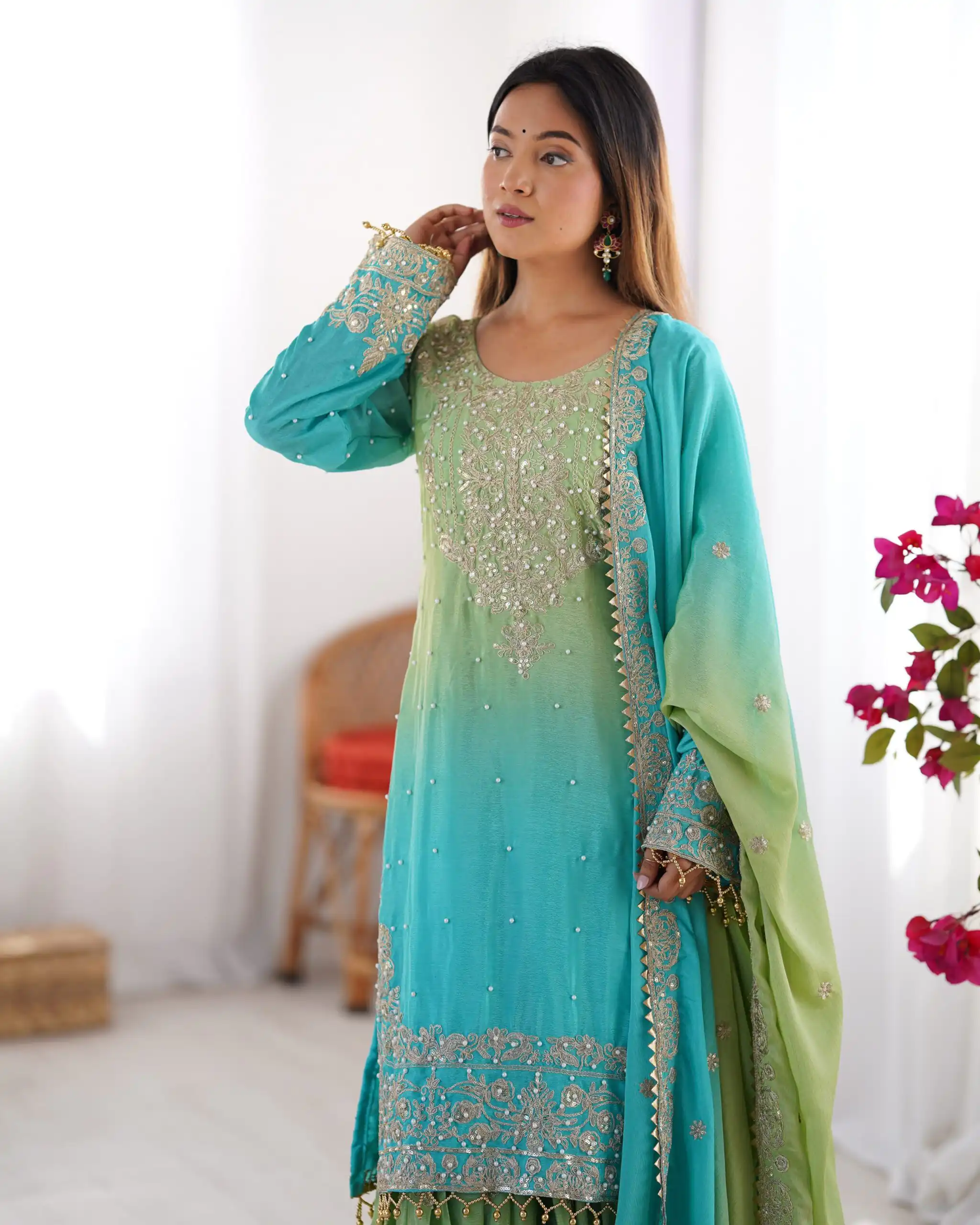 Fancy Green Chinon Silk Sequence Work Salwar Suit - Image 6