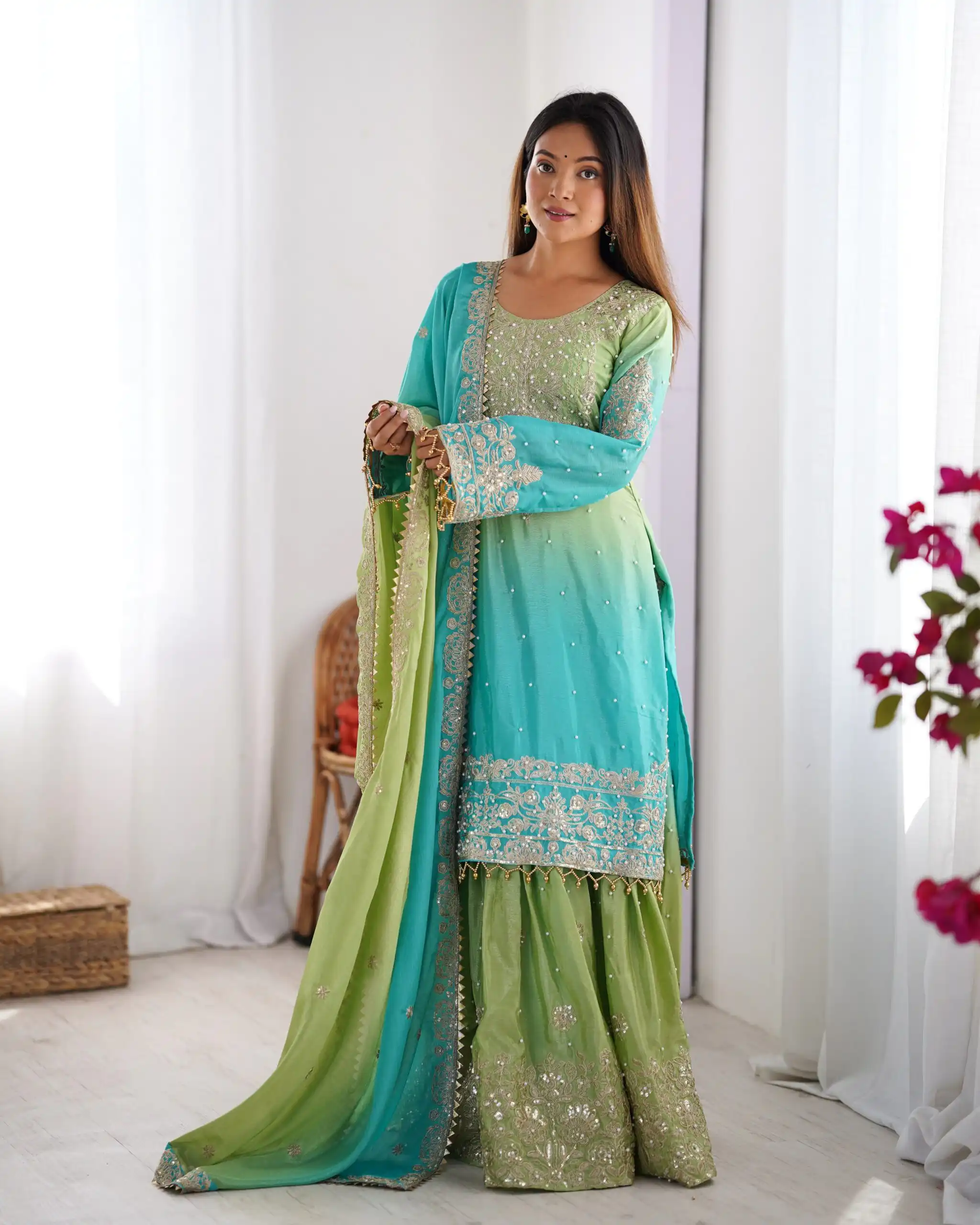 Fancy Green Chinon Silk Sequence Work Salwar Suit - Image 4
