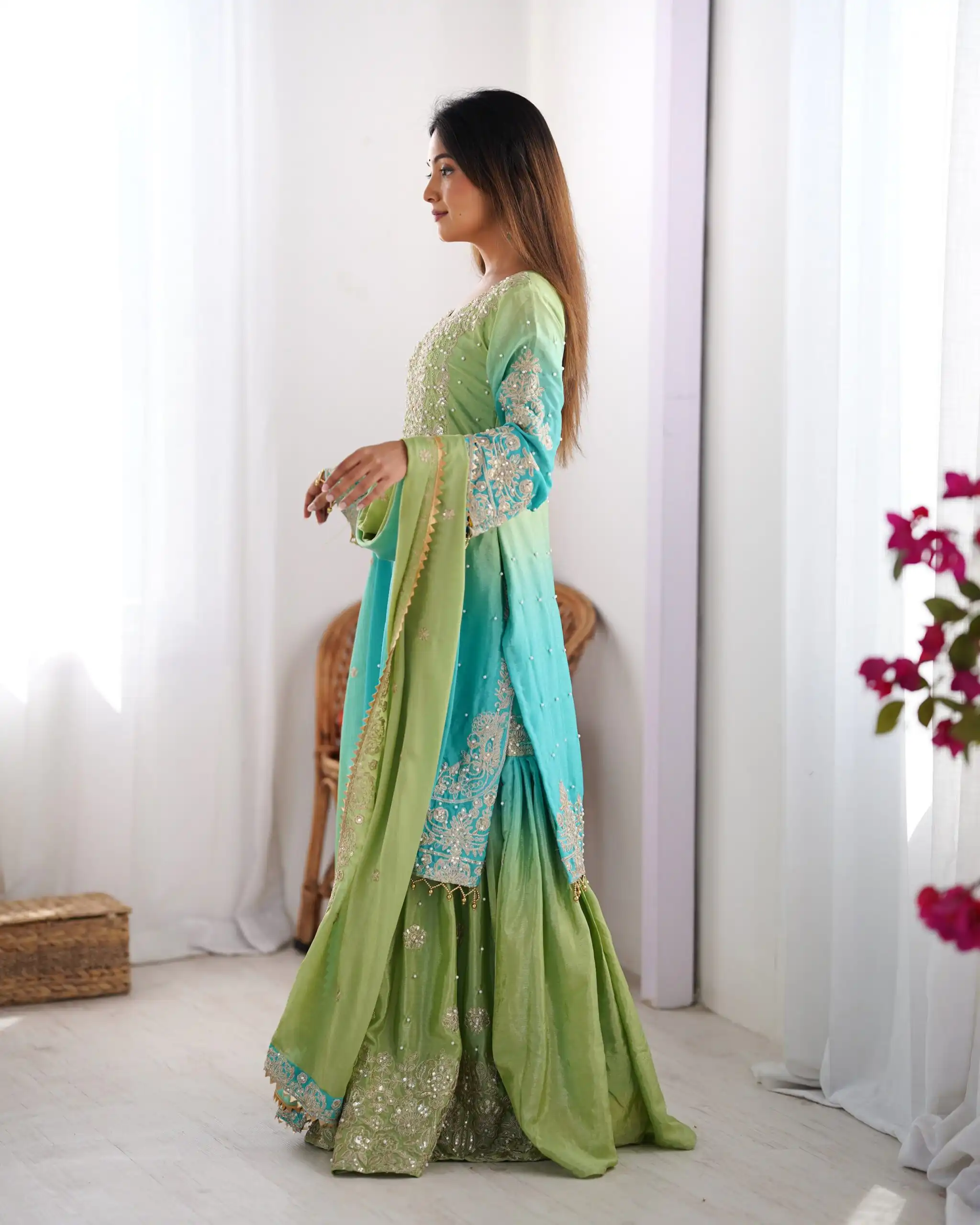 Fancy Green Chinon Silk Sequence Work Salwar Suit - Image 2