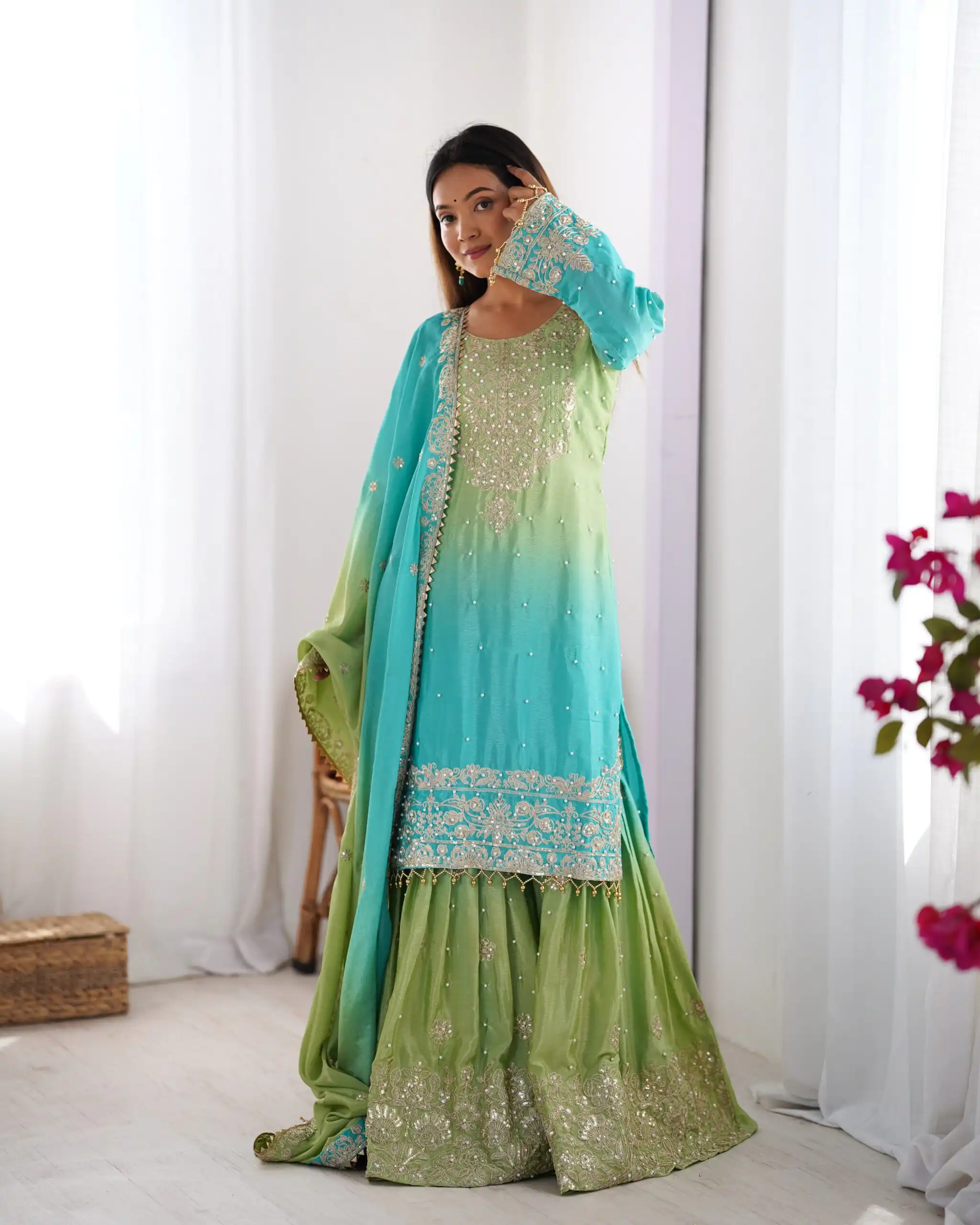 Fancy Green Chinon Silk Sequence Work Salwar Suit - Image 5