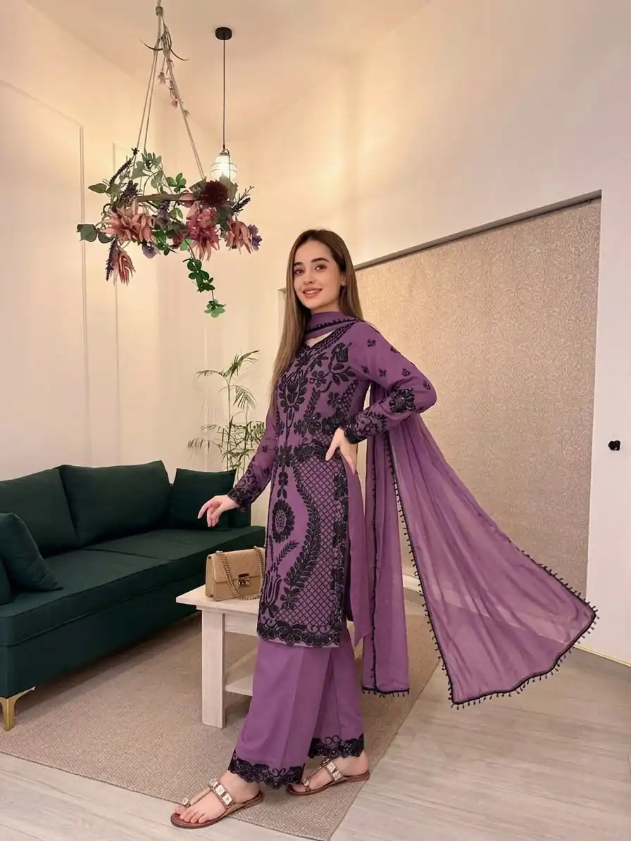 Fancy Lavender Faux Georgette Sequence Work Salwar Suit - Image 2