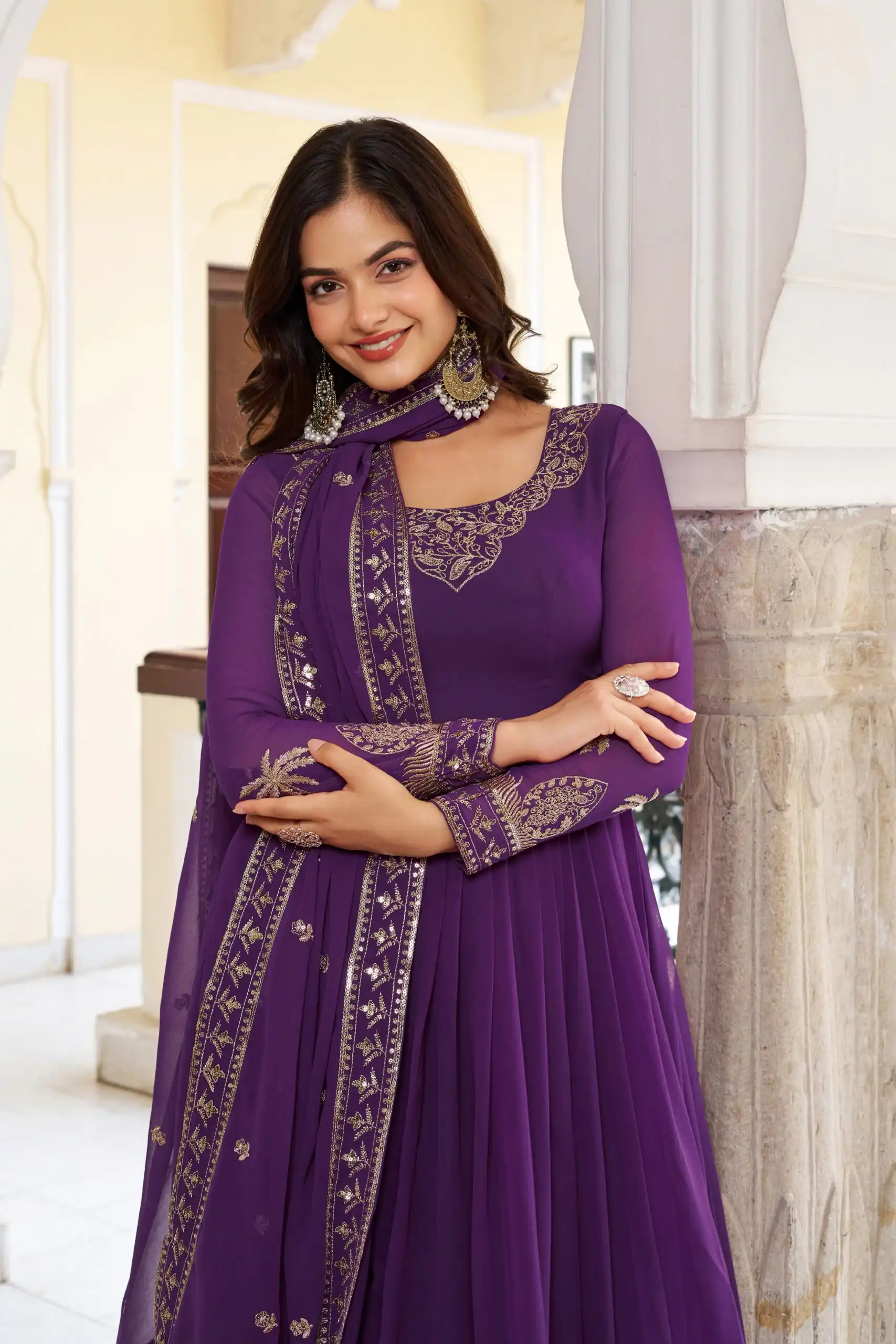 Fancy Purple Faux Georgette Sequence Work Anarkali Suit - Image 6