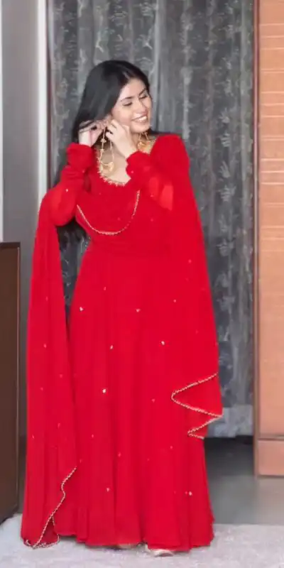 Fancy Red Fox Georgette Embroidery Work Gown