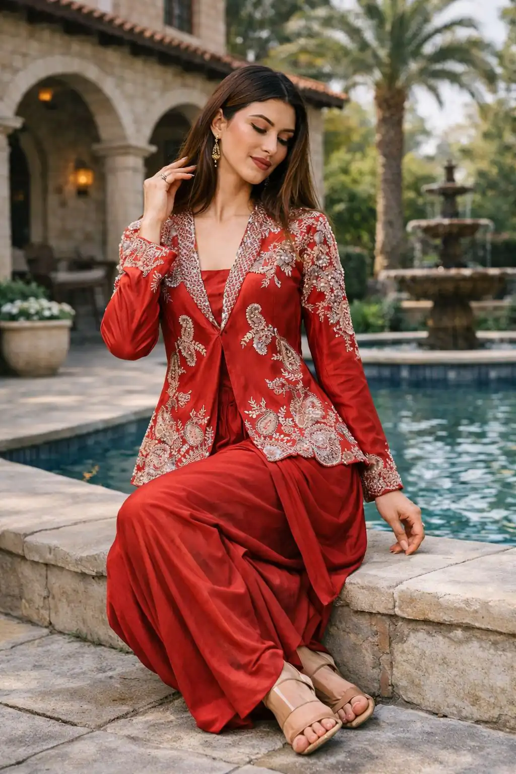 Fancy Red Rangoli Silk Sequins Embroidery Work Dhoti Suit - Image 2