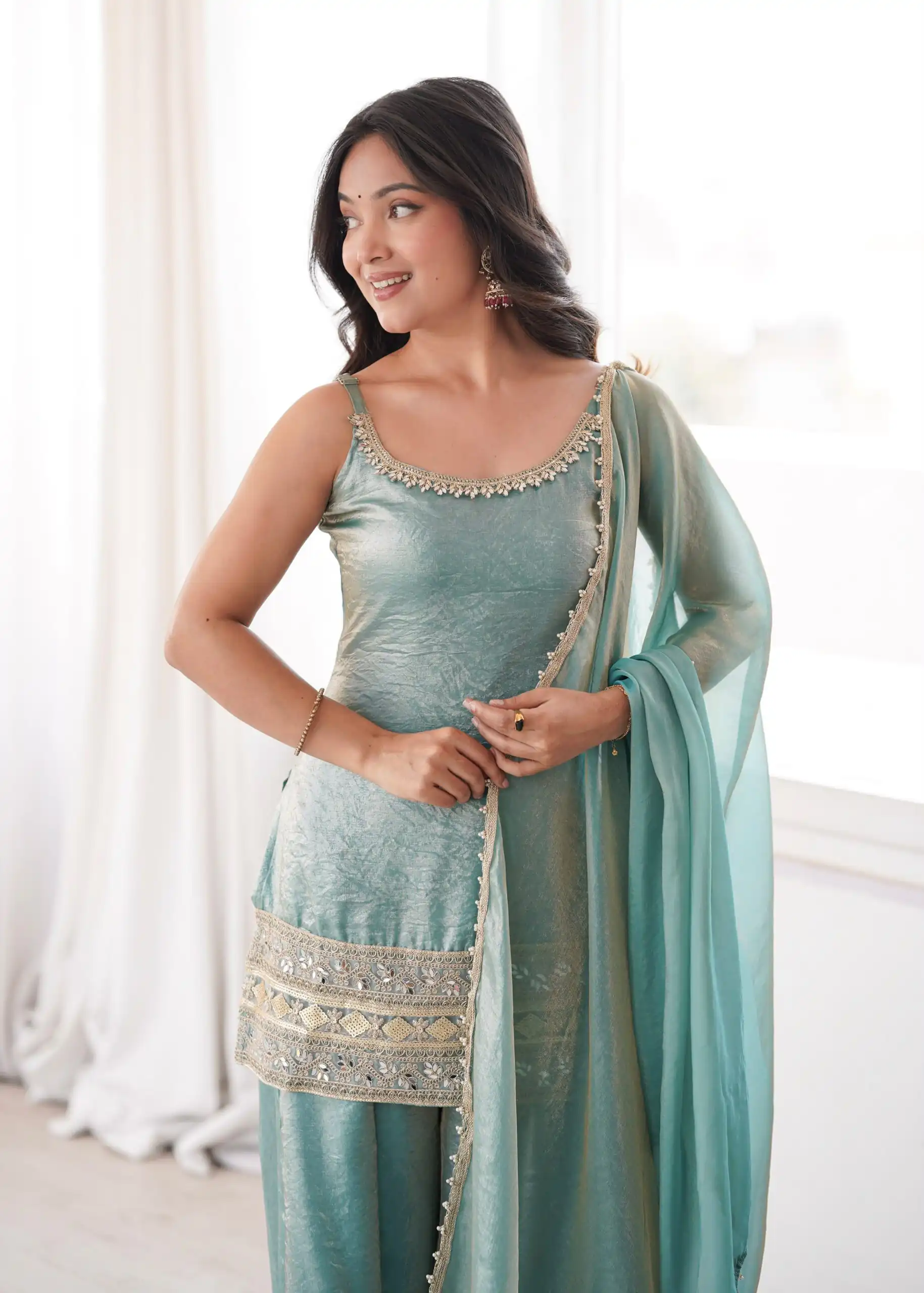 Fancy Sea Green Doremon Crush Embroider Work Salwar Suit - Image 14