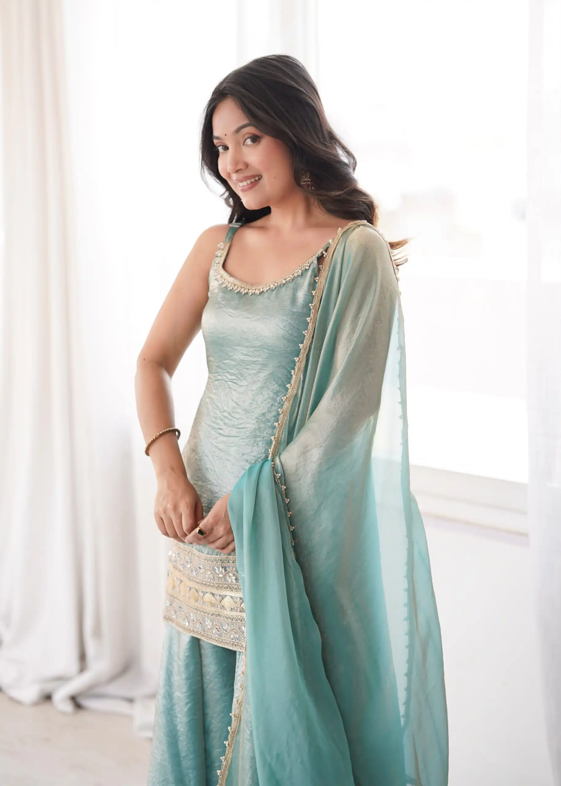 Fancy Sea Green Doremon Crush Embroider Work Salwar Suit - Image 13