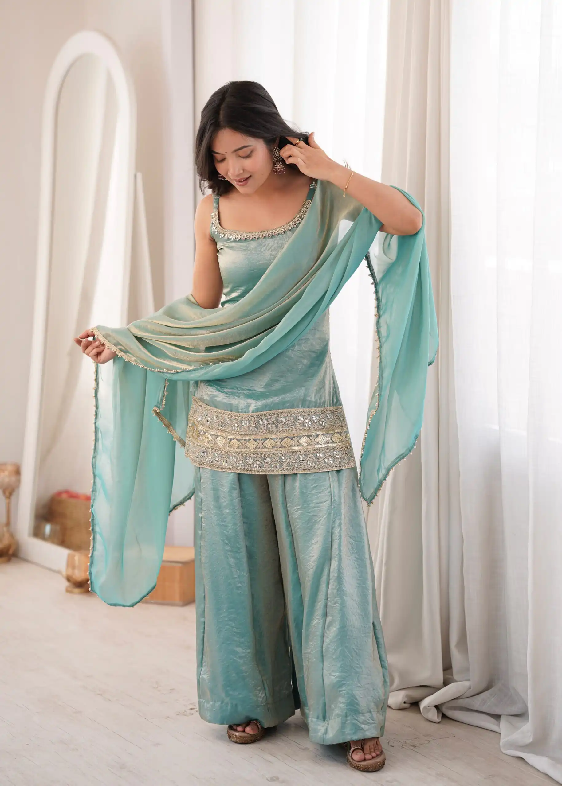 Fancy Sea Green Doremon Crush Embroider Work Salwar Suit