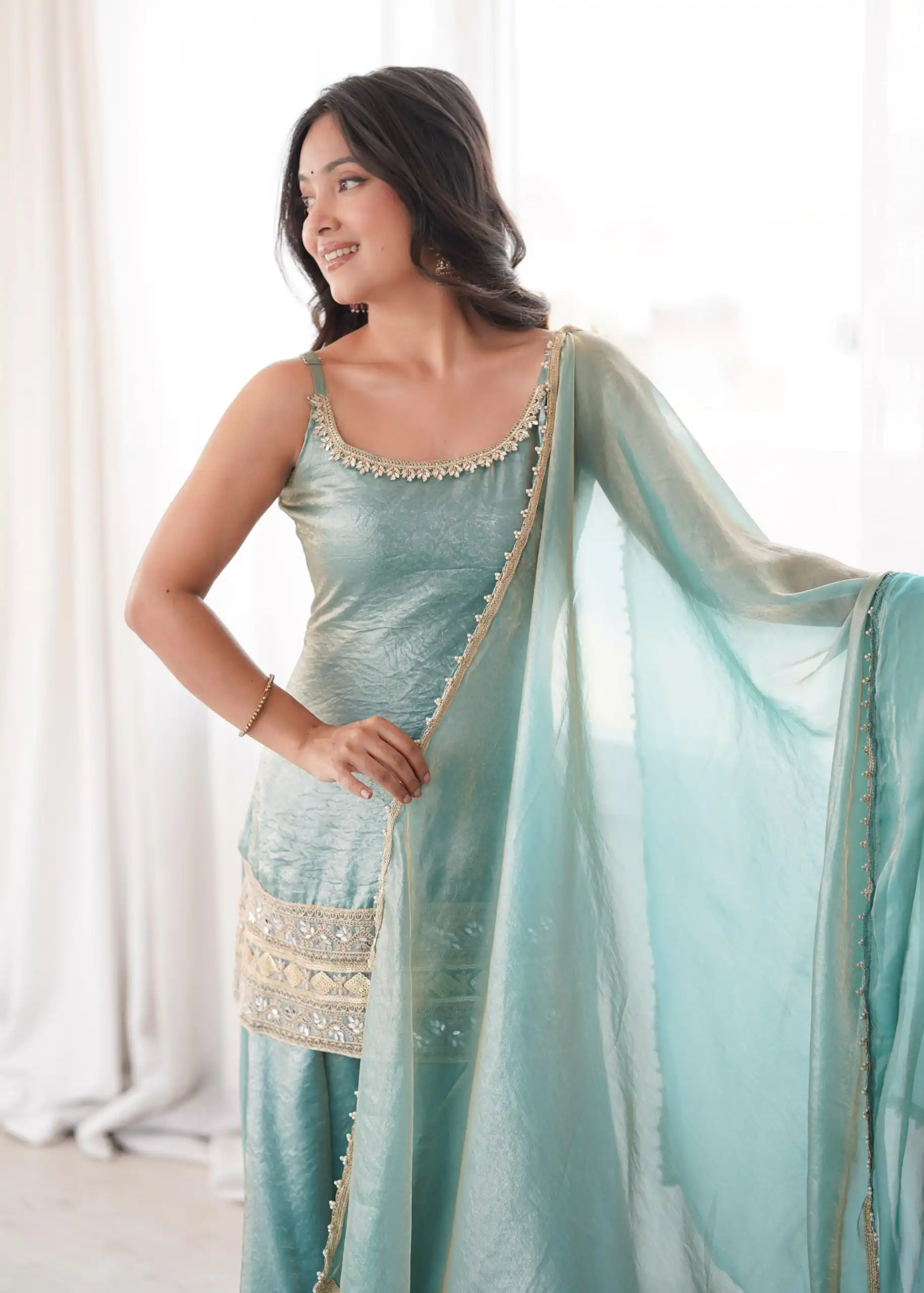 Fancy Sea Green Doremon Crush Embroider Work Salwar Suit - Image 5