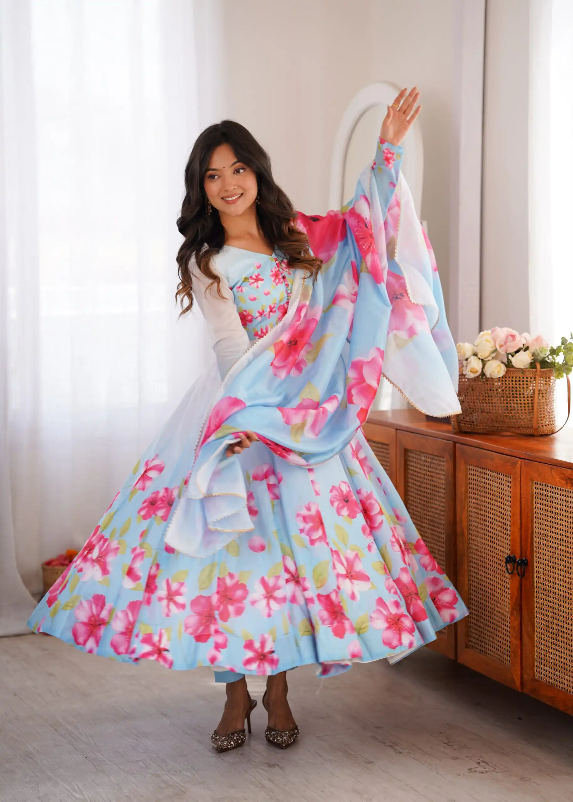 Fancy Sky Blue Organza Silk Gotta Patti Work Anarkali Suit - Image 5