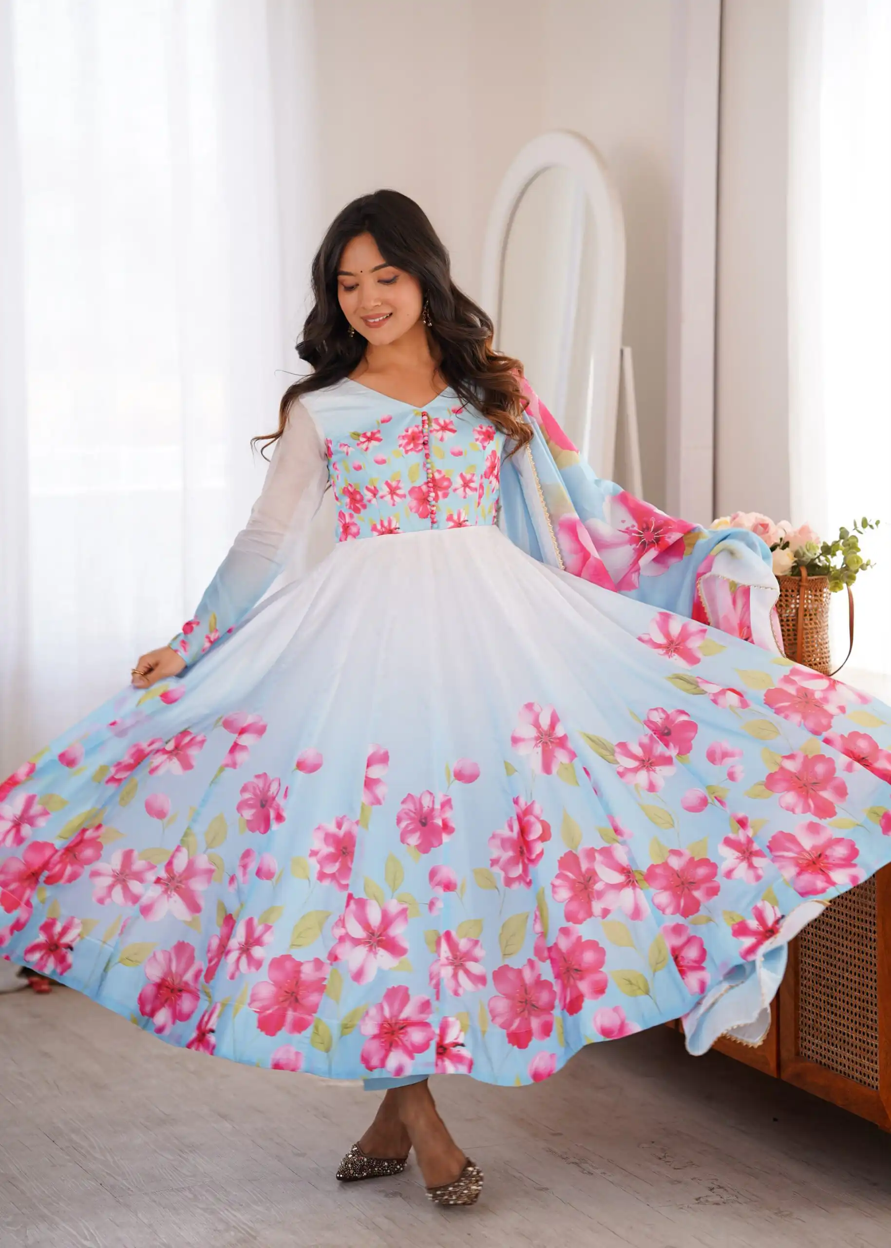 Fancy Sky Blue Organza Silk Gotta Patti Work Anarkali Suit - Image 4