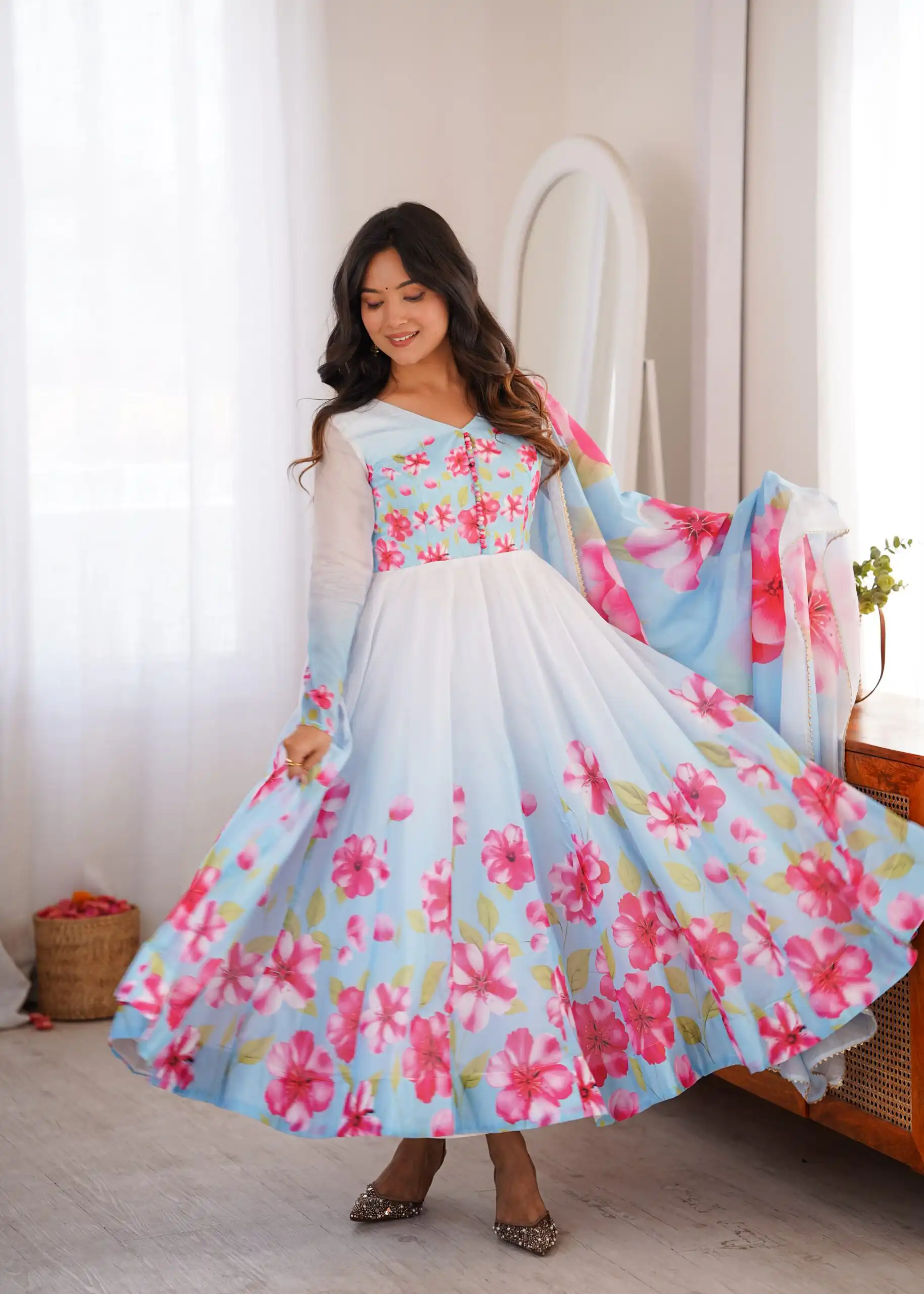 Fancy Sky Blue Organza Silk Gotta Patti Work Anarkali Suit - Image 3