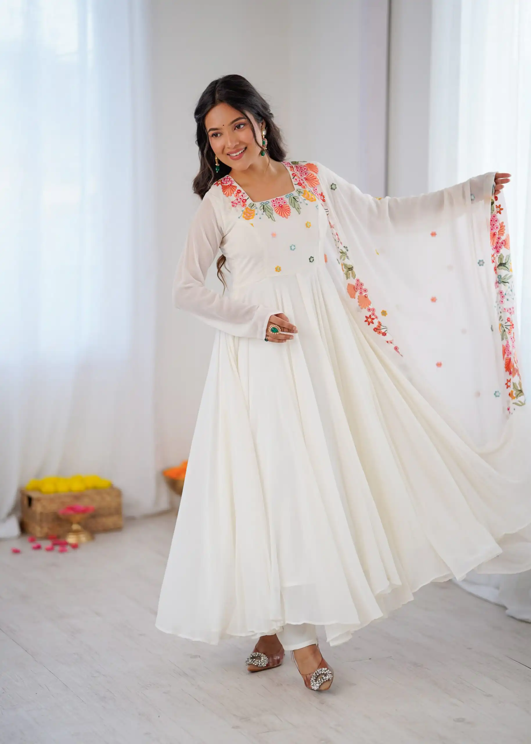 Fancy White Faux Georgette Embroidery Work Salwar Suit