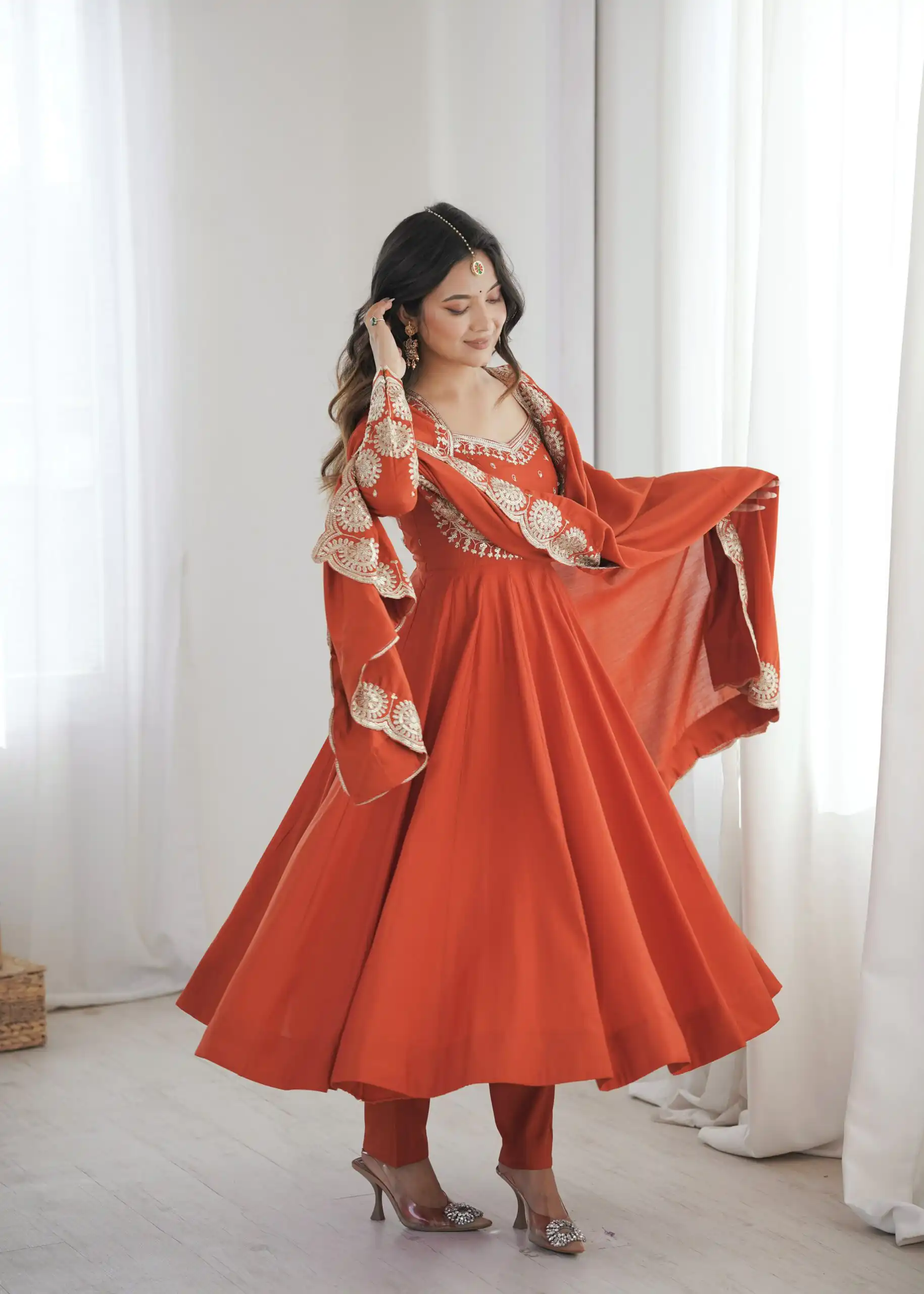 Glowing Orange Roman Silk Embroidery Work Anarkali Suit - Image 2