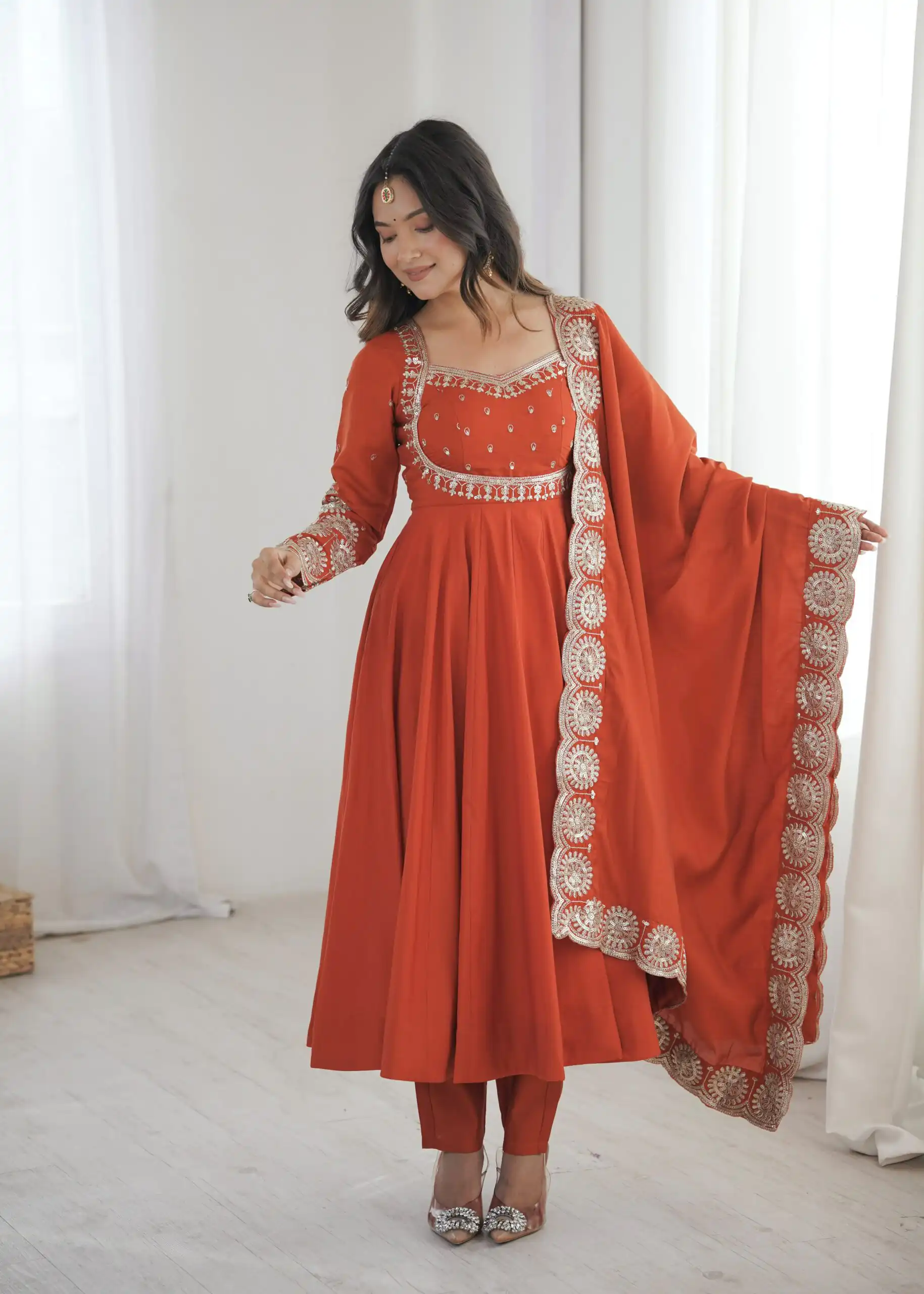 Glowing Orange Roman Silk Embroidery Work Anarkali Suit - Image 7