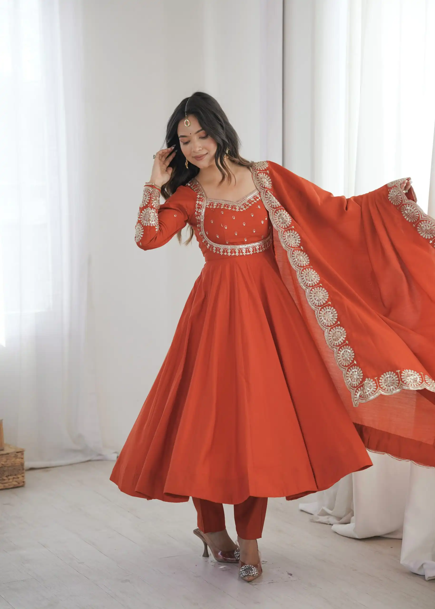Glowing Orange Roman Silk Embroidery Work Anarkali Suit - Image 5