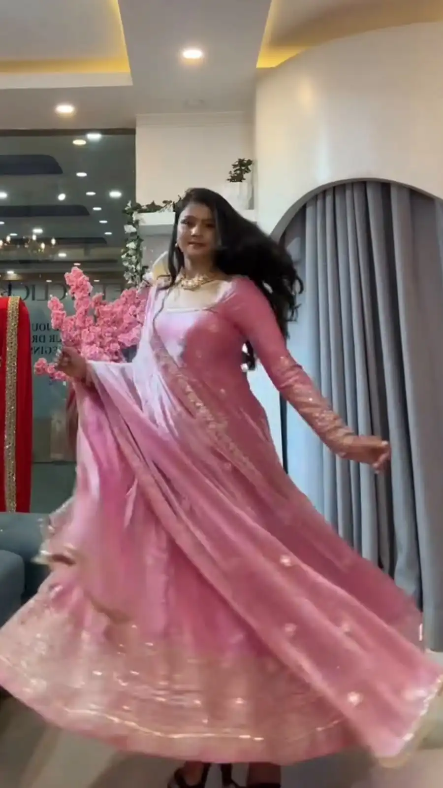 Glowing Pink Fendy Silk Sequins Thread Work Gown - Image 3